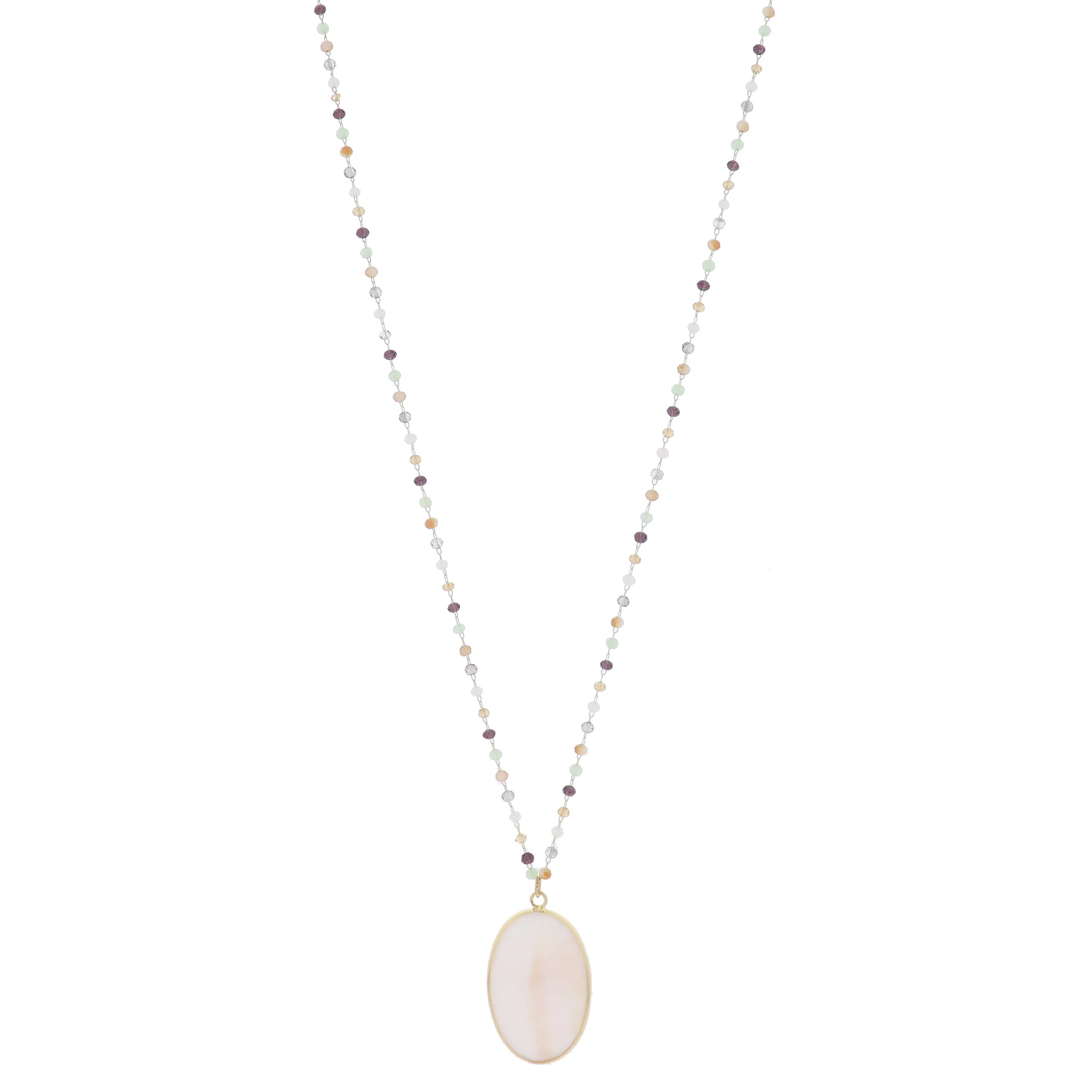 Multi Faceted Beaded Link Chain with Mother of Pearl Oval Pendant Necklace, 3" Ext