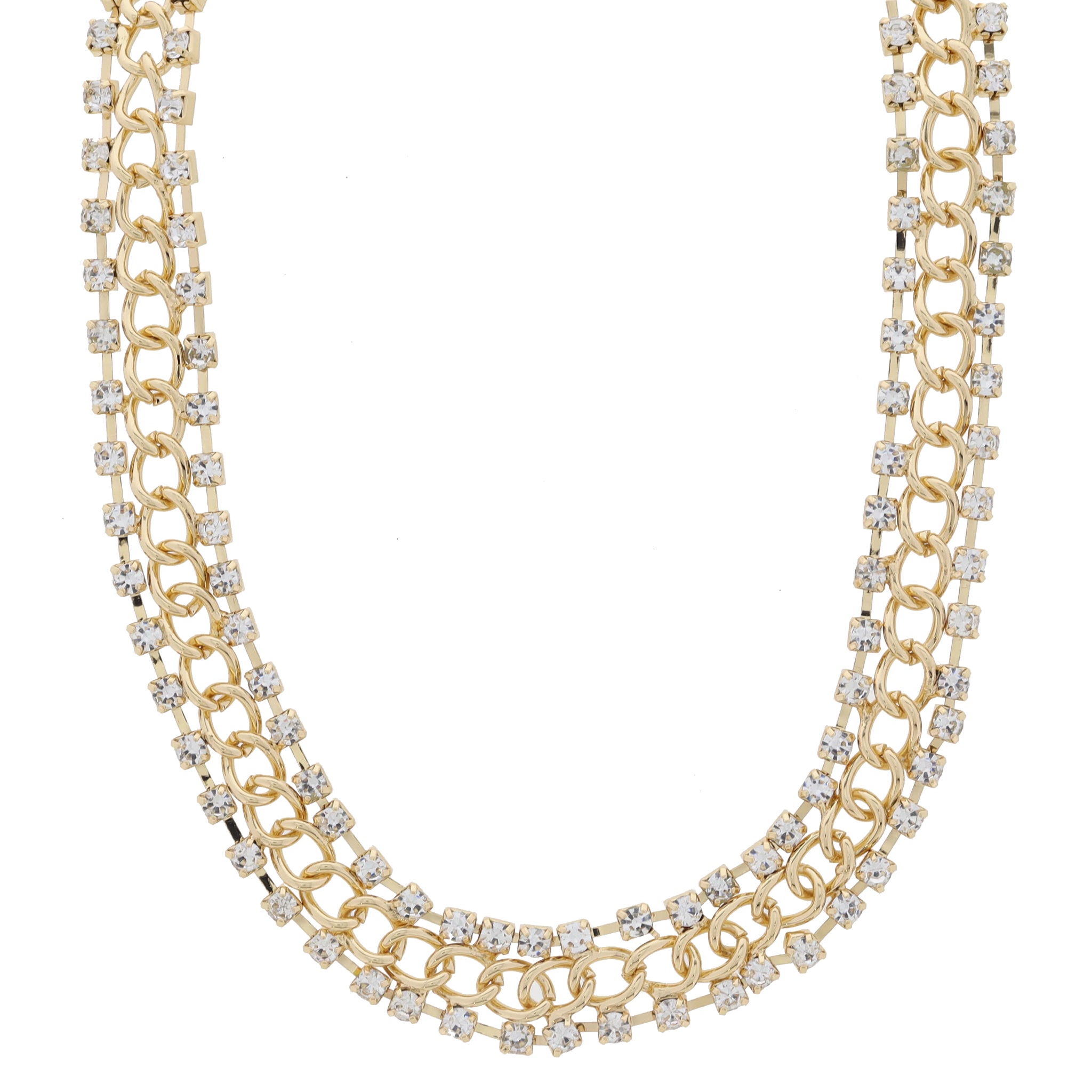 16" Gold Curb Chain with Crystal Border Necklace, 3" Ext