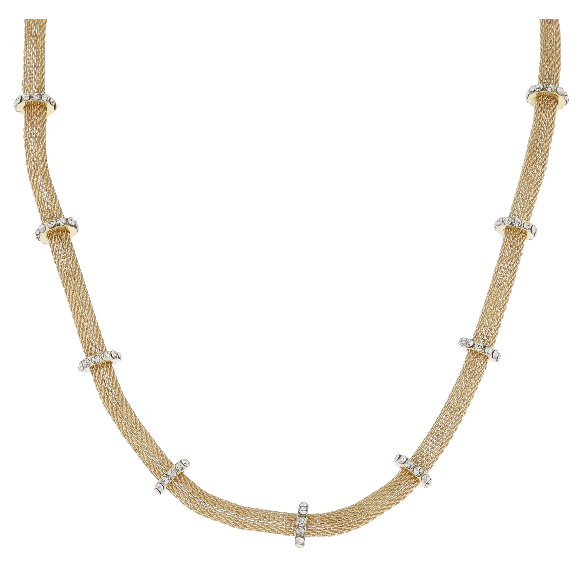 16" Gold Round Mesh Chain with Crystal Ring Stations Necklace, 3" Ext