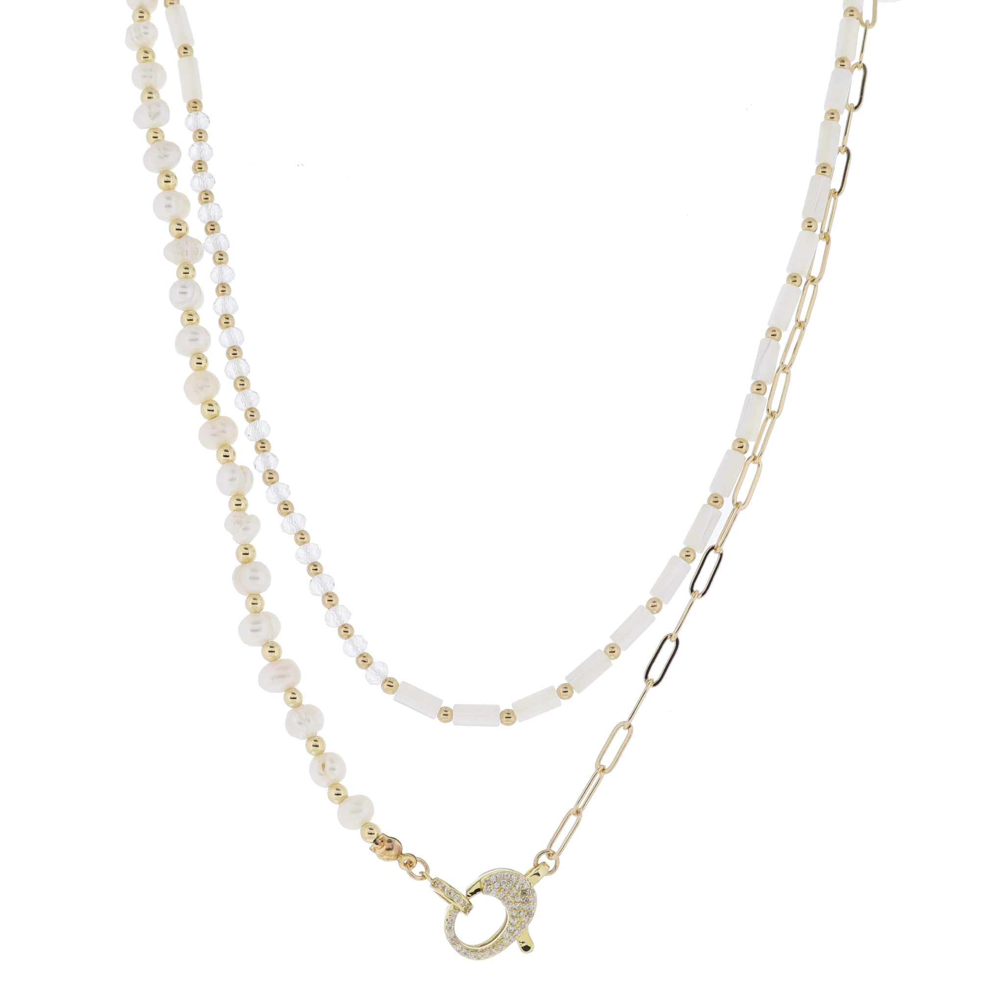 14", 16" 2 Strand Half Beads, Half Shell Beads & Pearl Beads, Paperclip Chain Necklace, 3" Ext