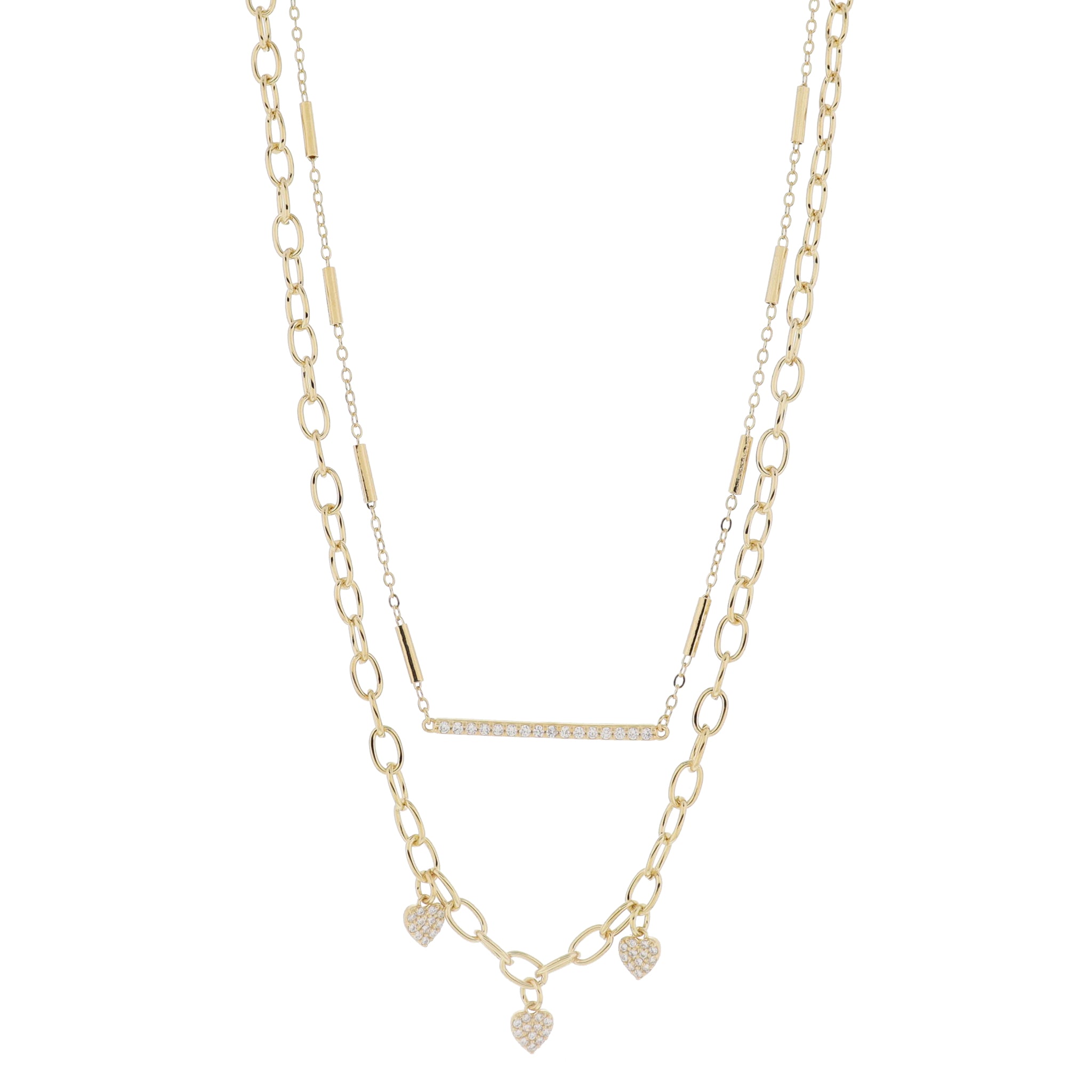 16", 18" Set of 2, Satellite Bar Chain with Crystal Bar, Gold Link Chain & Hearts Necklace, 3" Ext