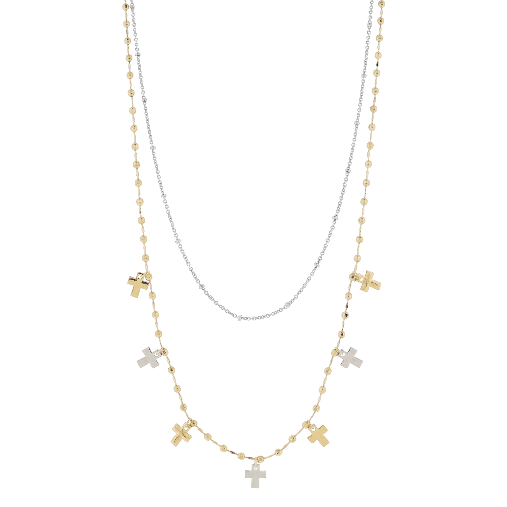 16", 18" Set of 2, Silver Satellite Chain, Gold Chain with Gold & Silver Crosses Necklace, 3" Ext
