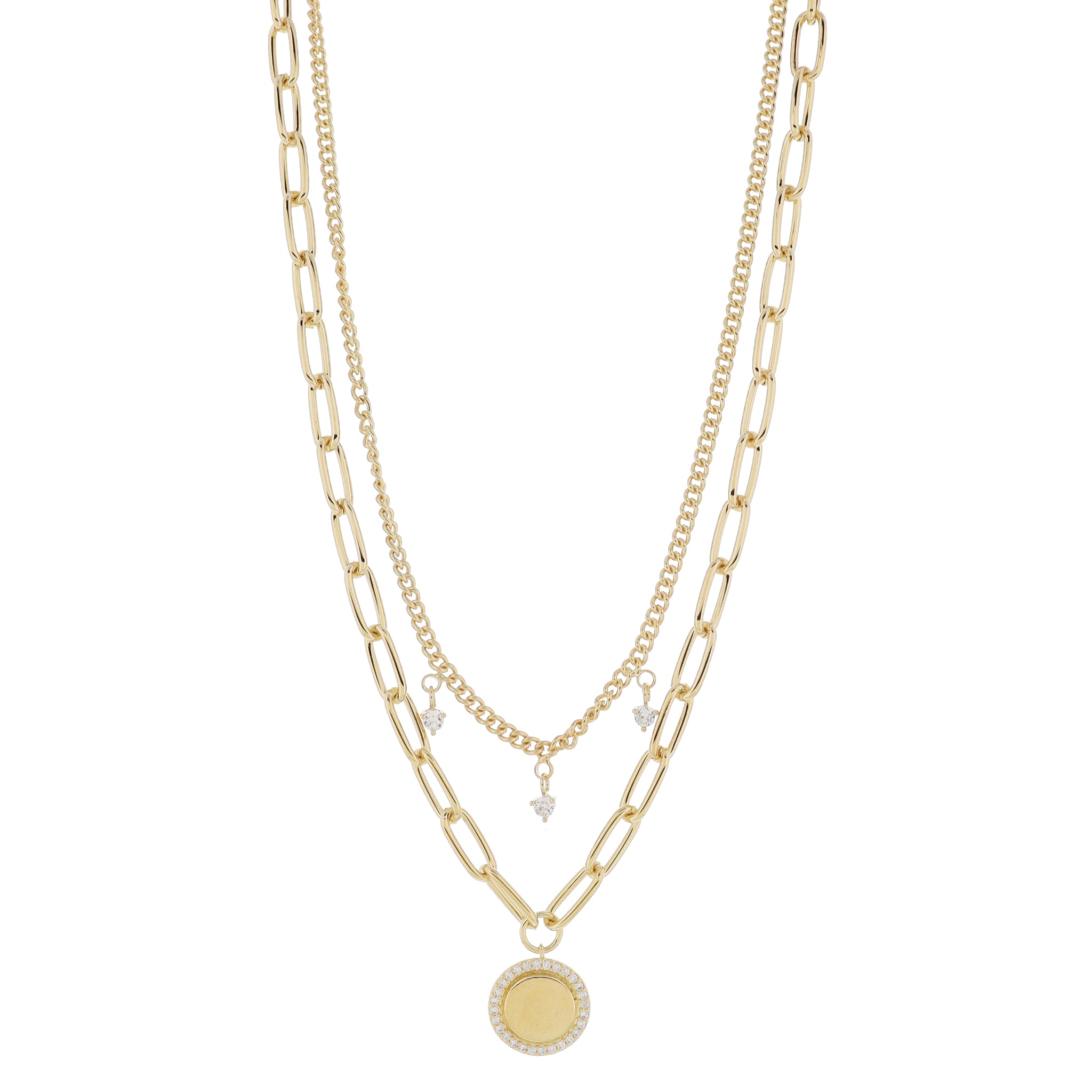 16", 18" Set of 2, Gold Curb Chain with Crystal, Gold Paperclip Chain & Gold Disc Necklace, 3" Ext