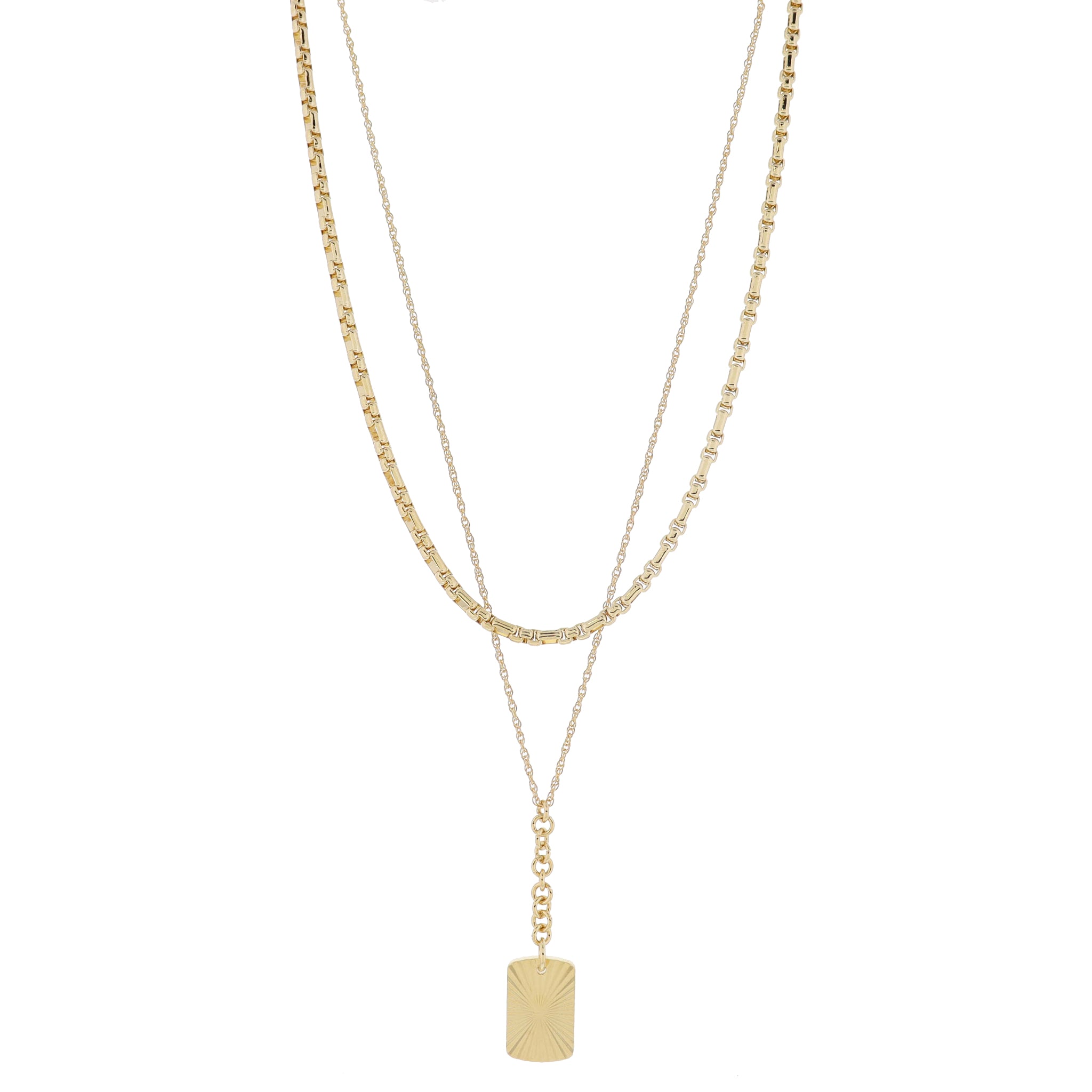 16", 18" Set of 2, Figaro Chain, Singapore Chain & Rolo Chain Y-Drop & Rectangle Necklace, 3" Ext