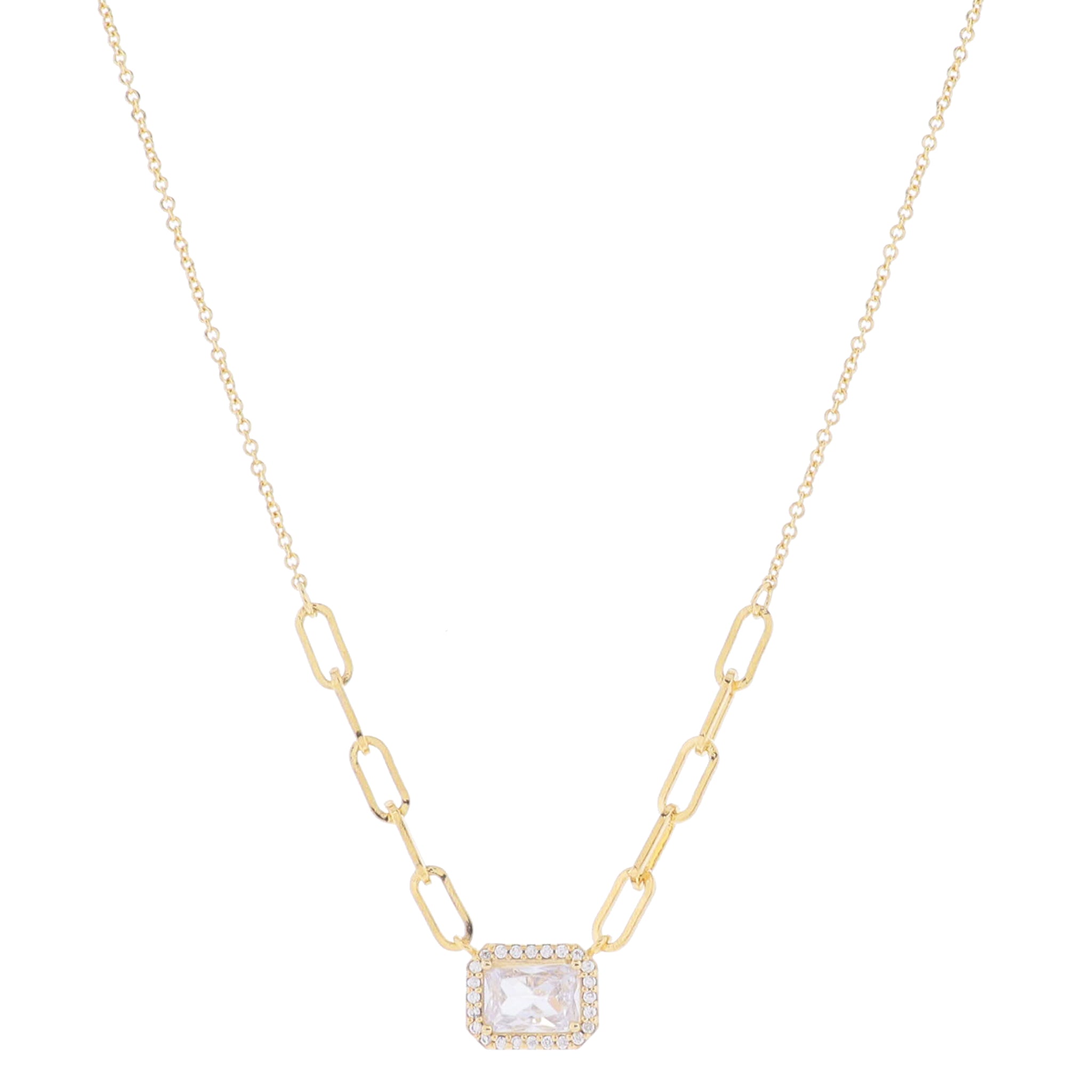 16" 18K Gold Plated Paperclip Chain Portion & Rectangle Crystal with Pave Crystal Edge , 3" Ext