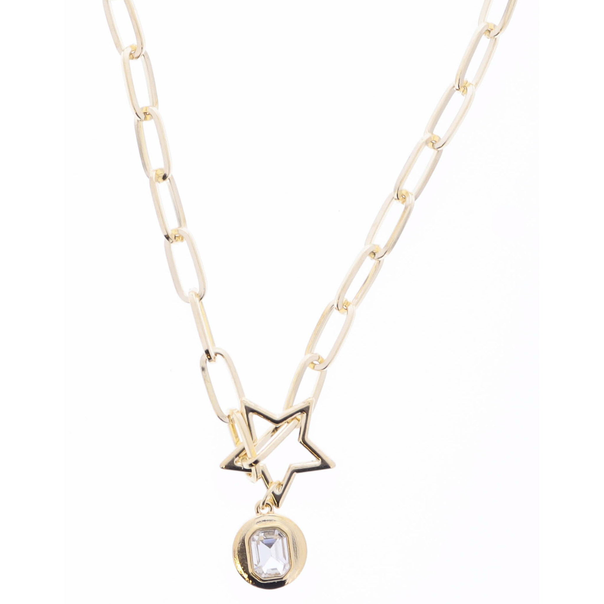 16" Gold Star Ring and Gold Disc with Clear Emerald Shaped Center Crystal Necklace
