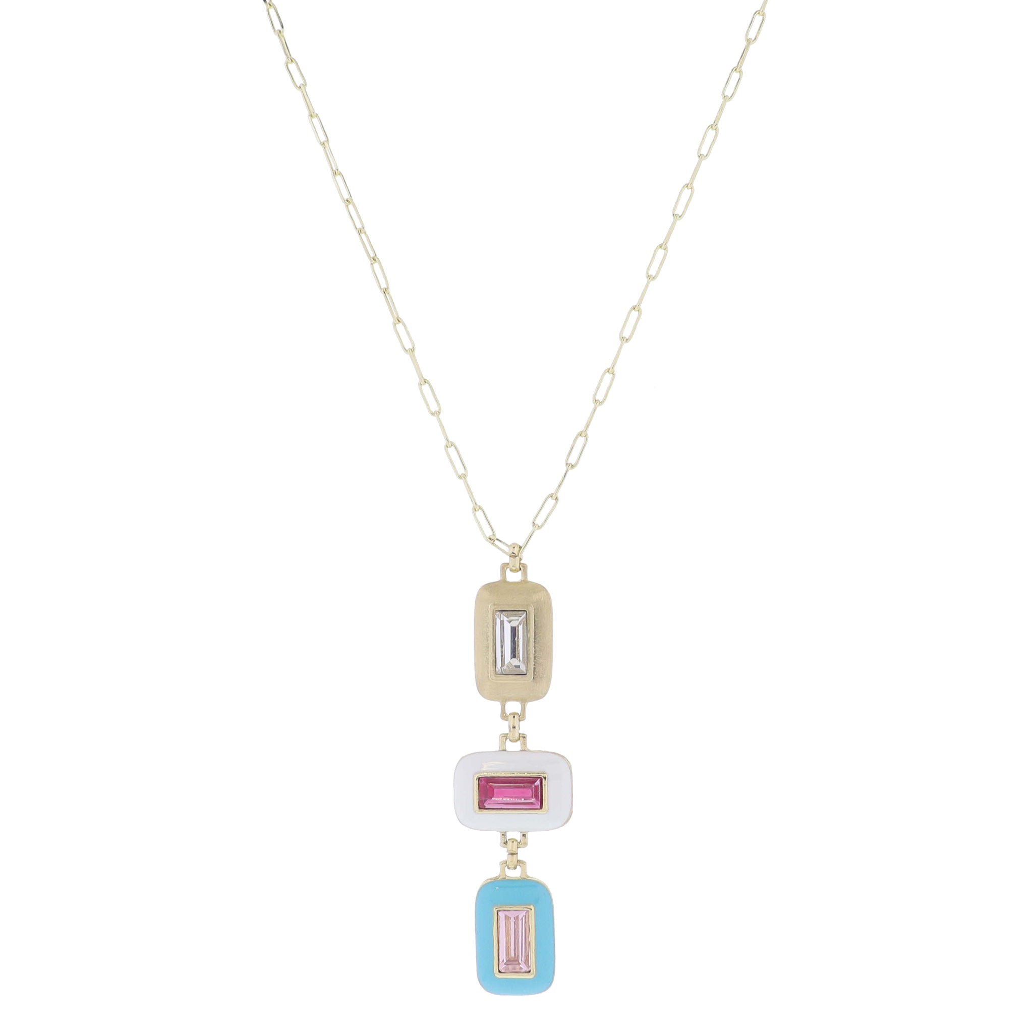 24" Stacked Rectangles, Gold, White & Hot Pink Crystal, Turquoise & Pink Crystal Necklace, 3" Ext