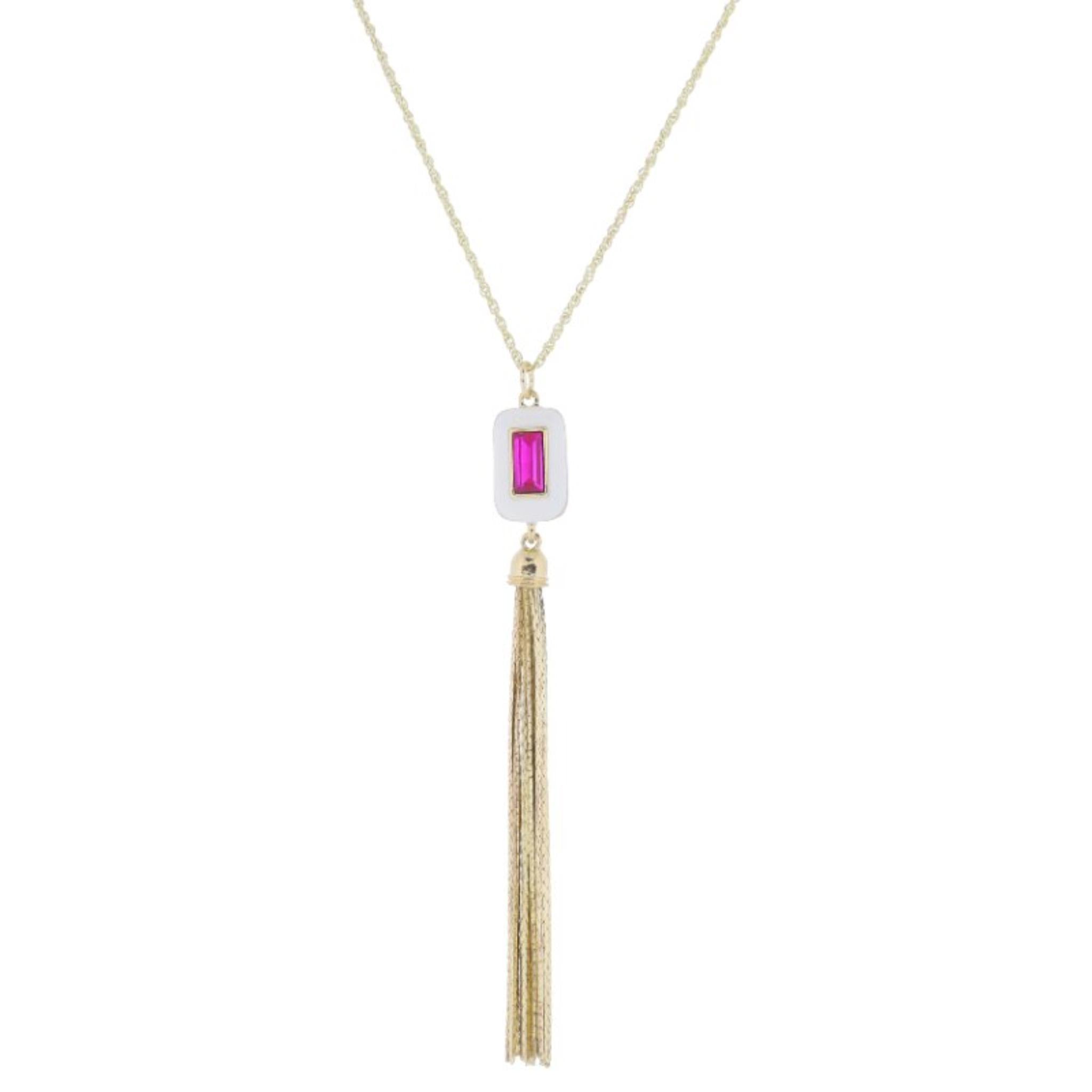 24" White Enamel and Fuchsia Rectangle Crystal with Long Gold Chain Tassel Necklace, 3" Ext