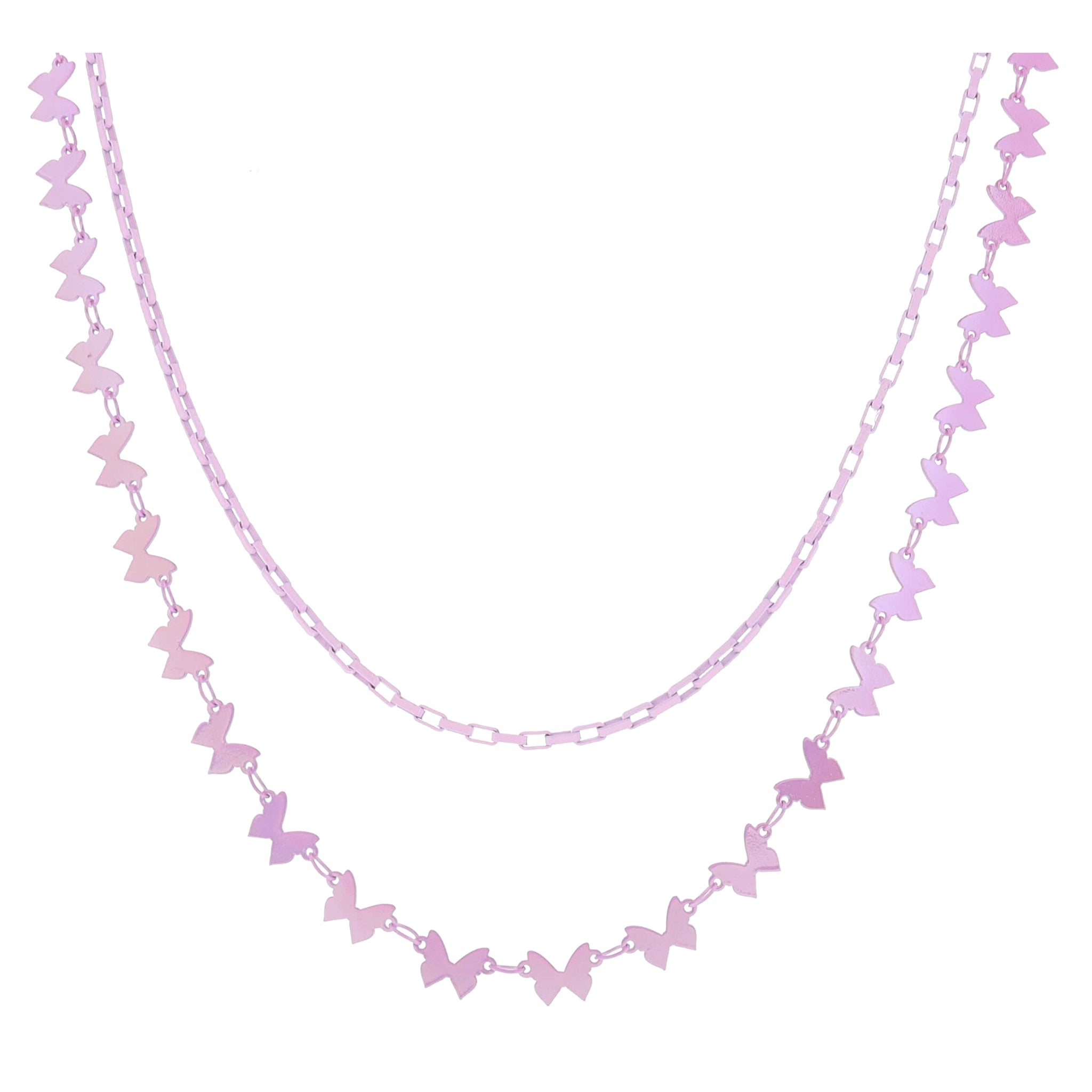 Kids 12", 14" 2 Strand Pink Box Chain, Iridescent Pink Butterfly Chain Necklace, 3" Ext