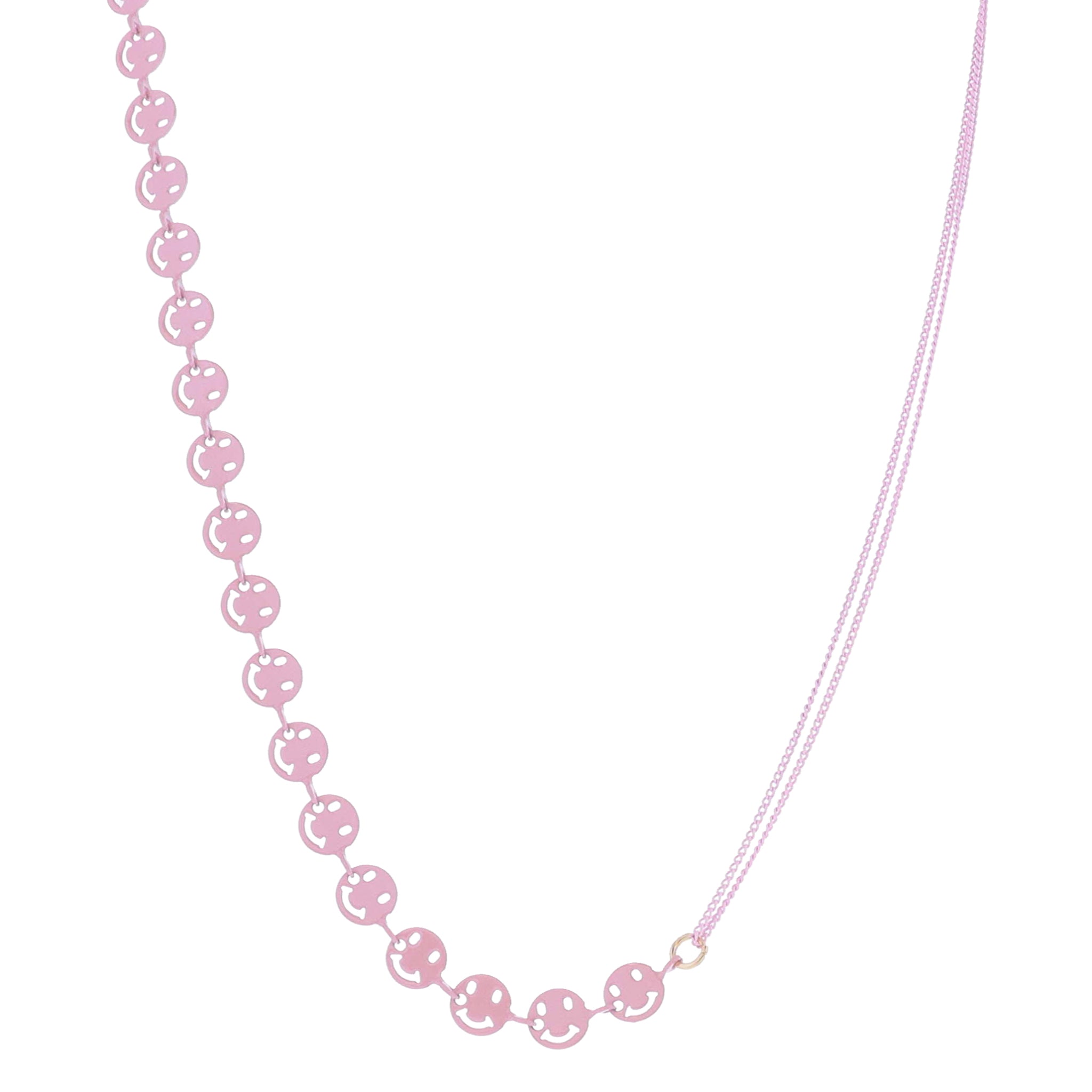 Kids 14" Half Iridescent Pink Happy Face Chain, Half Double Pink Curb Chain Necklace, 3" Ext