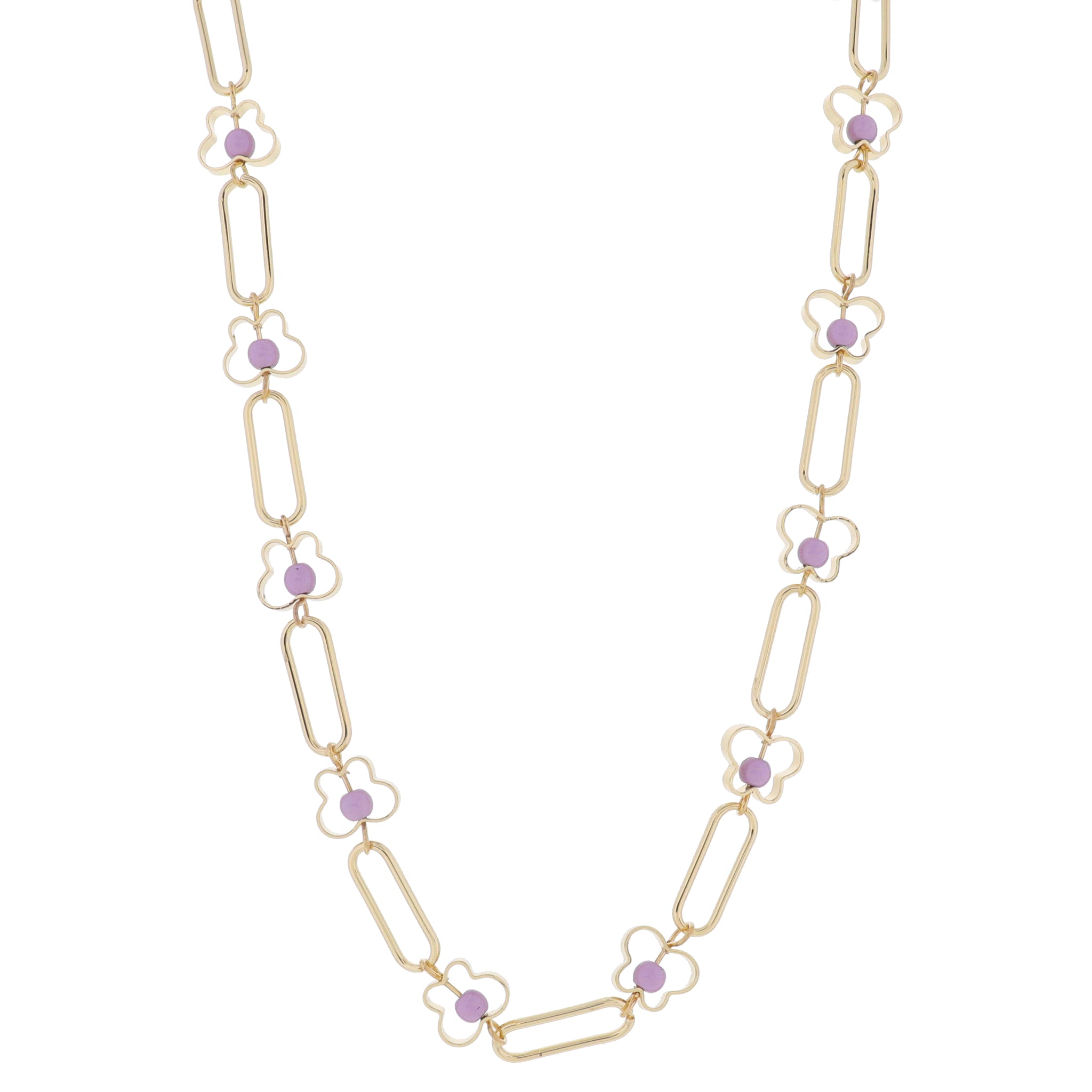 Kids 14" Gold Paperclip Links with Gold Butterflies and Lavender Center Beads Necklace, 3" Ext