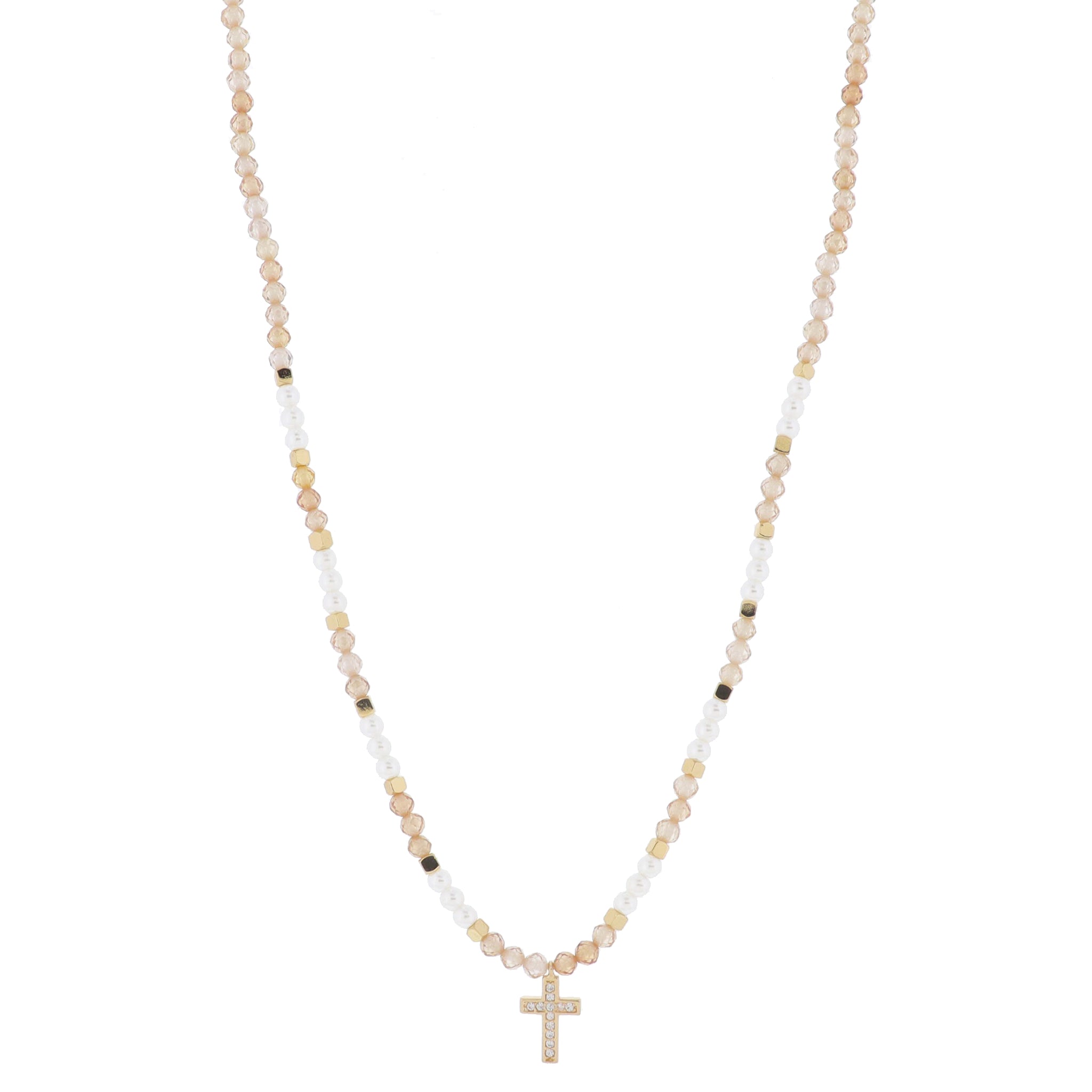 16" Champagne Faceted Sone Beaded with Pearls & Gold Beads with Crystal Cross Necklace, 3" Ext
