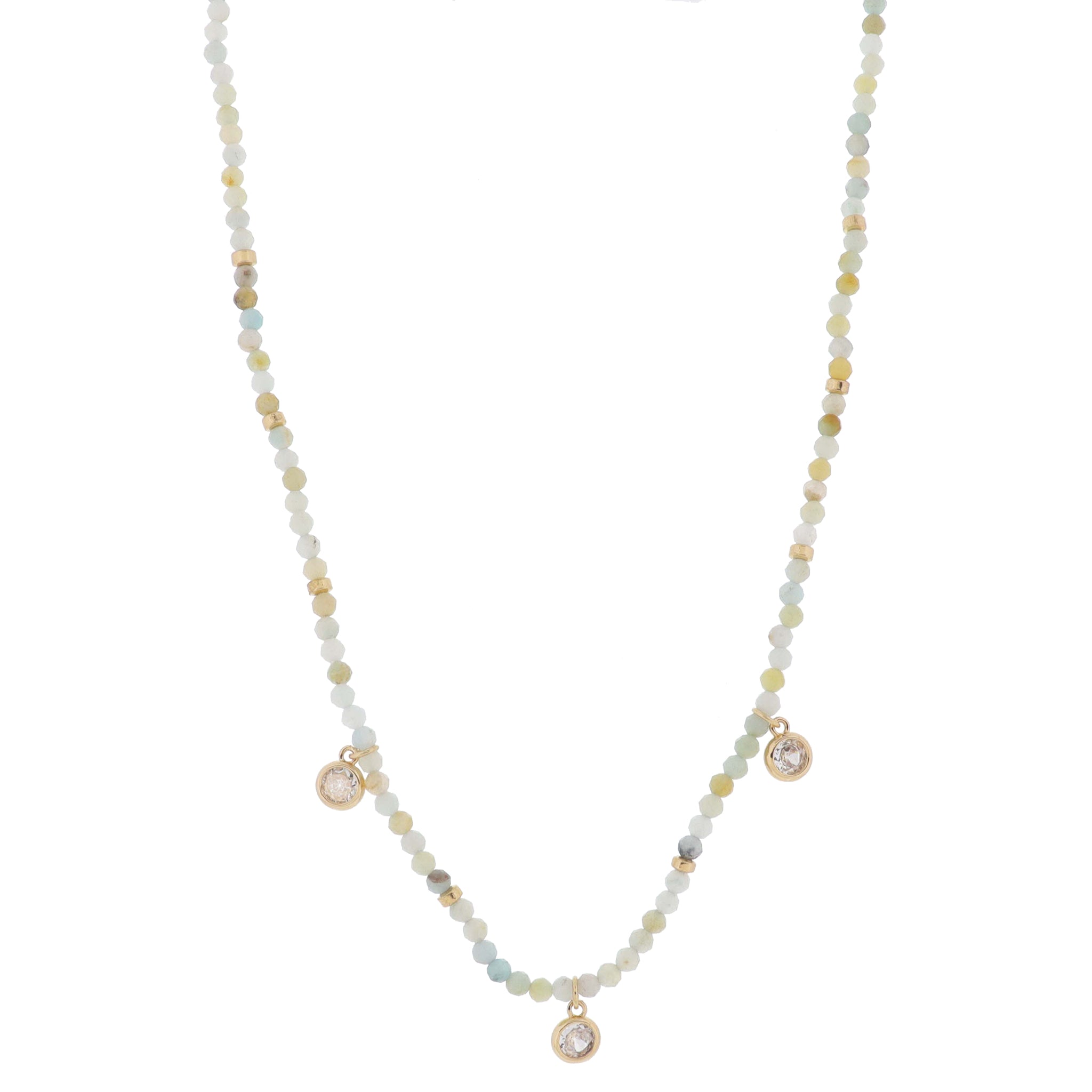 16" Amazonite Mini Faceted Stone Beaded with Gold Beads & Crystal Stations Necklace, 3" Ext