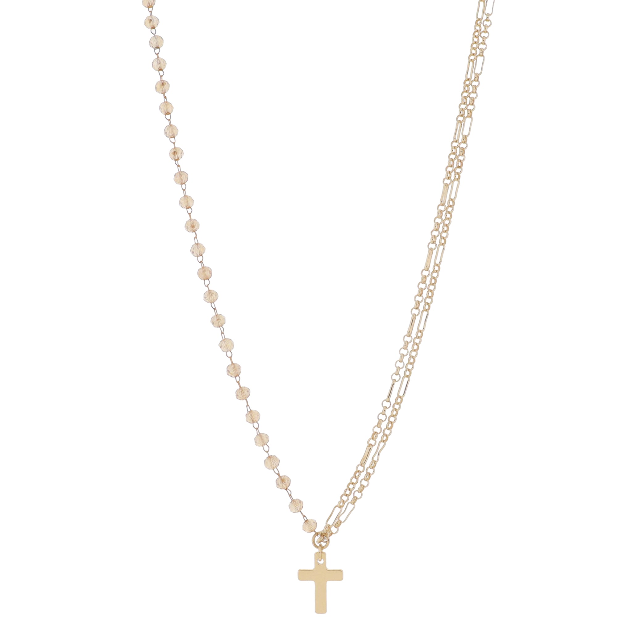 16" Half Double Gold Long & Short Chains, Half Topaz Beaded Link Chain with Cross Necklace, 3" Ext