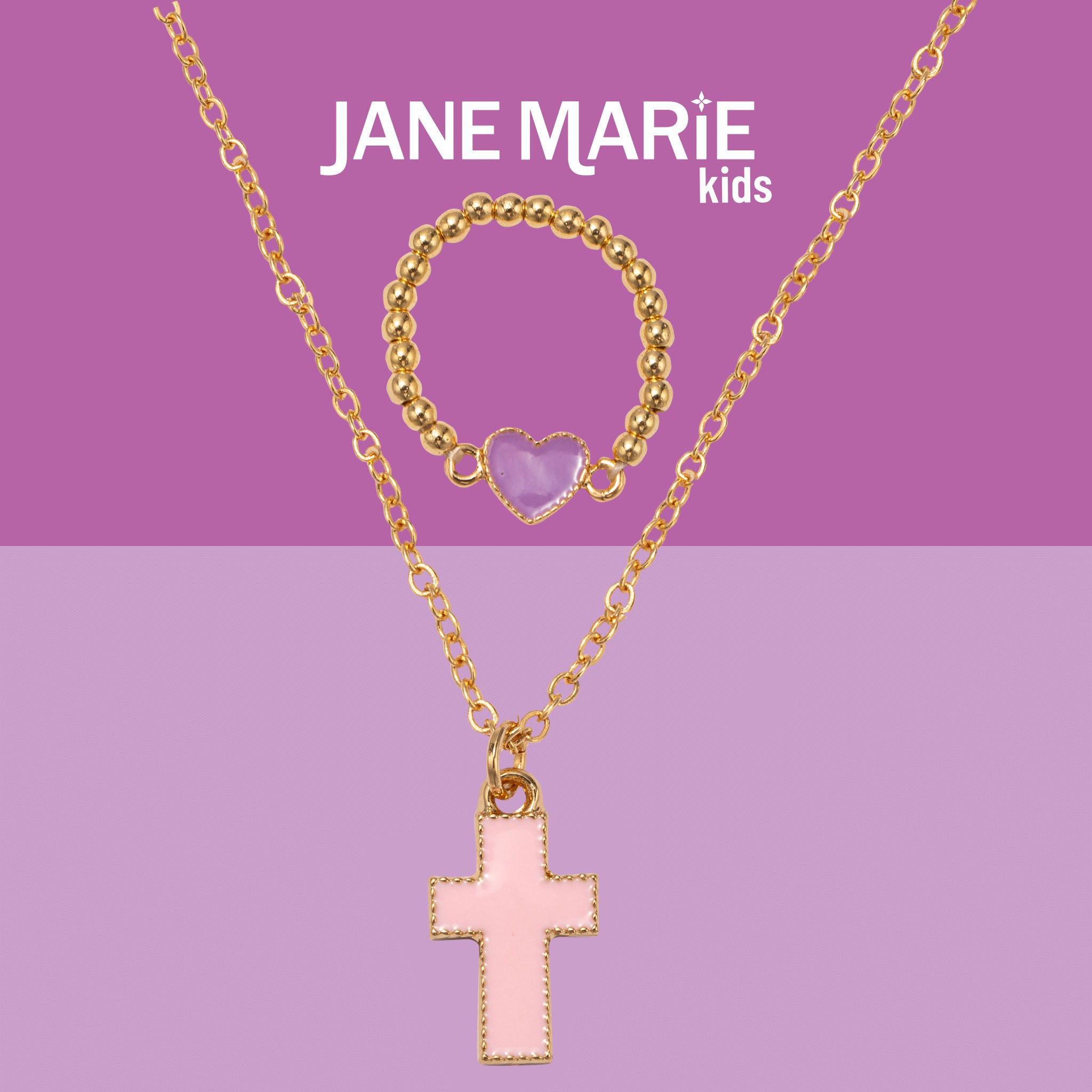 Kids 14" Gold Chain Necklace with Light Pink Enamel Cross Pendant & Purple Enamel Heart Ring