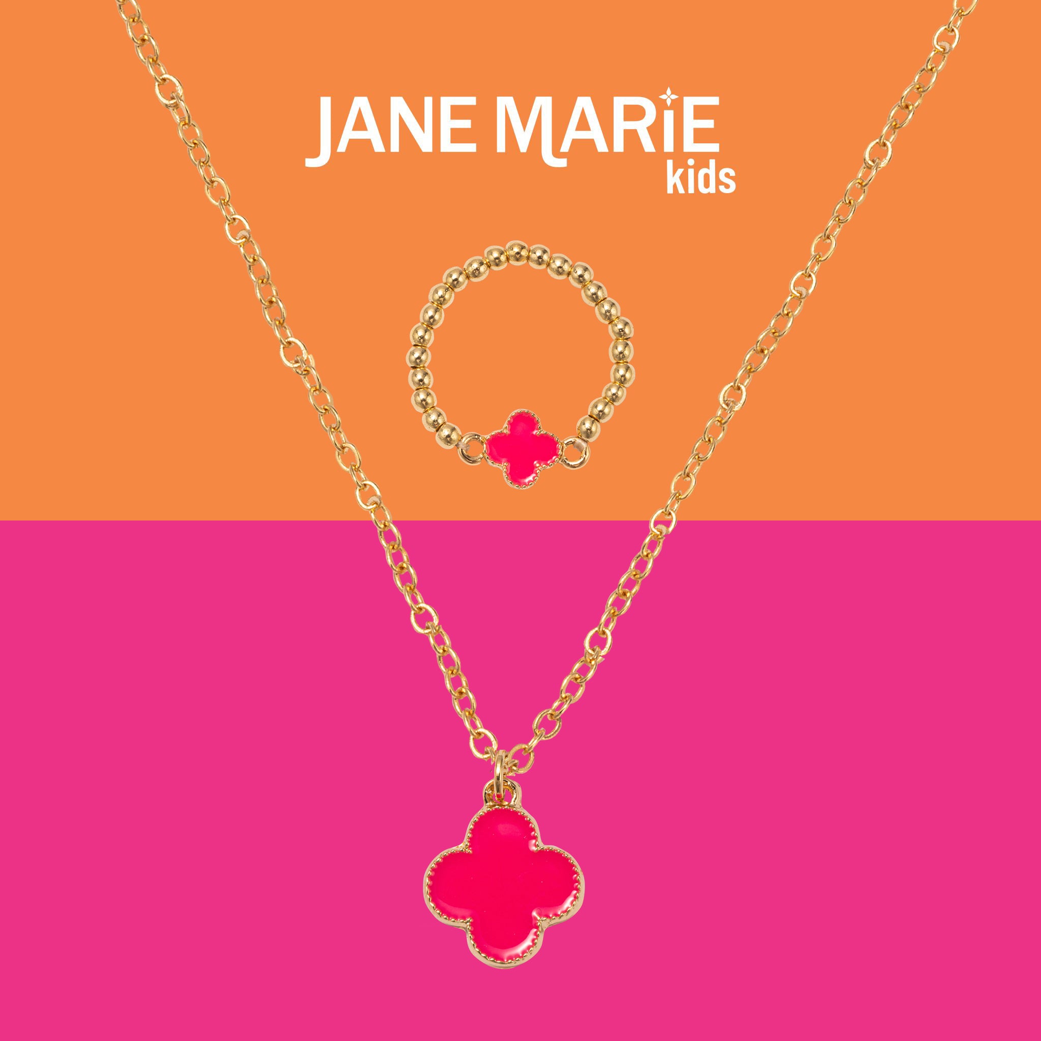 Kids 14" Gold Chain Necklace with Hot Pink Enamel Clover Pendant & Hot Pink Enamel Clover Ring