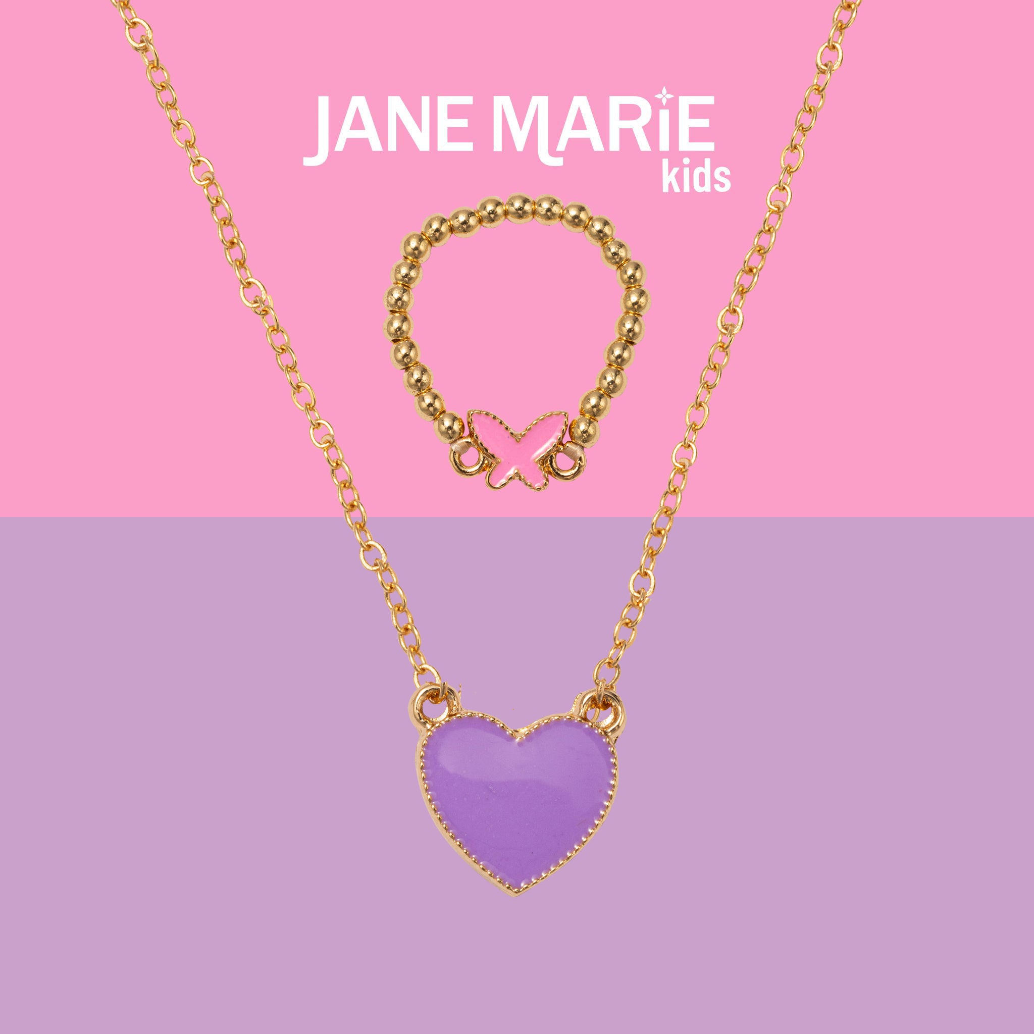 Kids 14" Gold Chain Necklace with Purple Enamel Heart Pendant & Pink Enamel Butterfly Ring