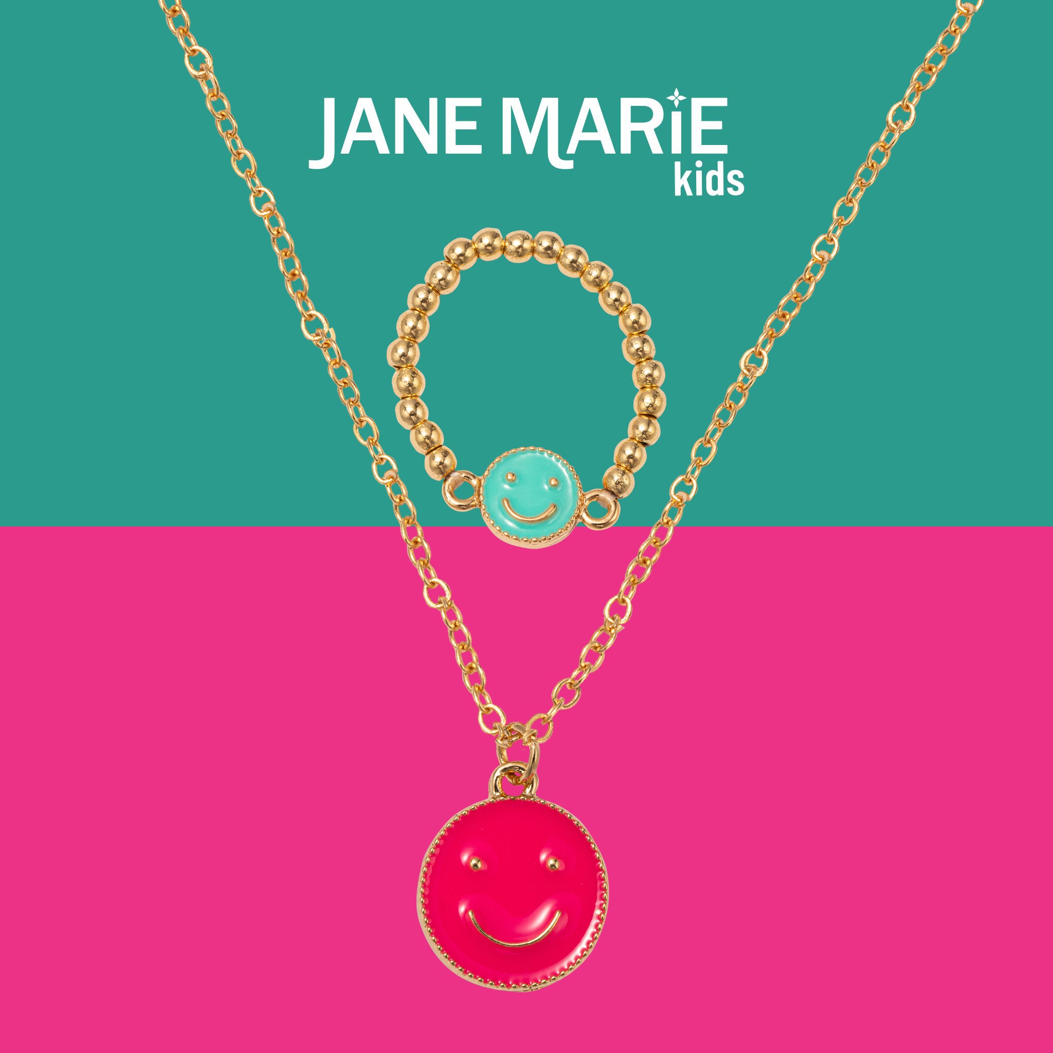 Kids 14" Gold Chain Necklace with Hot Pink Enamel Smiley Pendant & Turquoise Enamel Smiley Ring