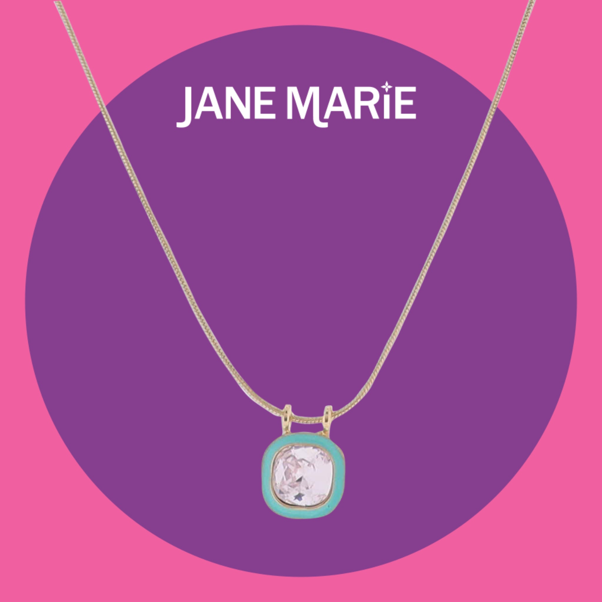16" Gold Snake Chain Necklace with Turquoise Enamel Square & Clear Crystal Square Pendant