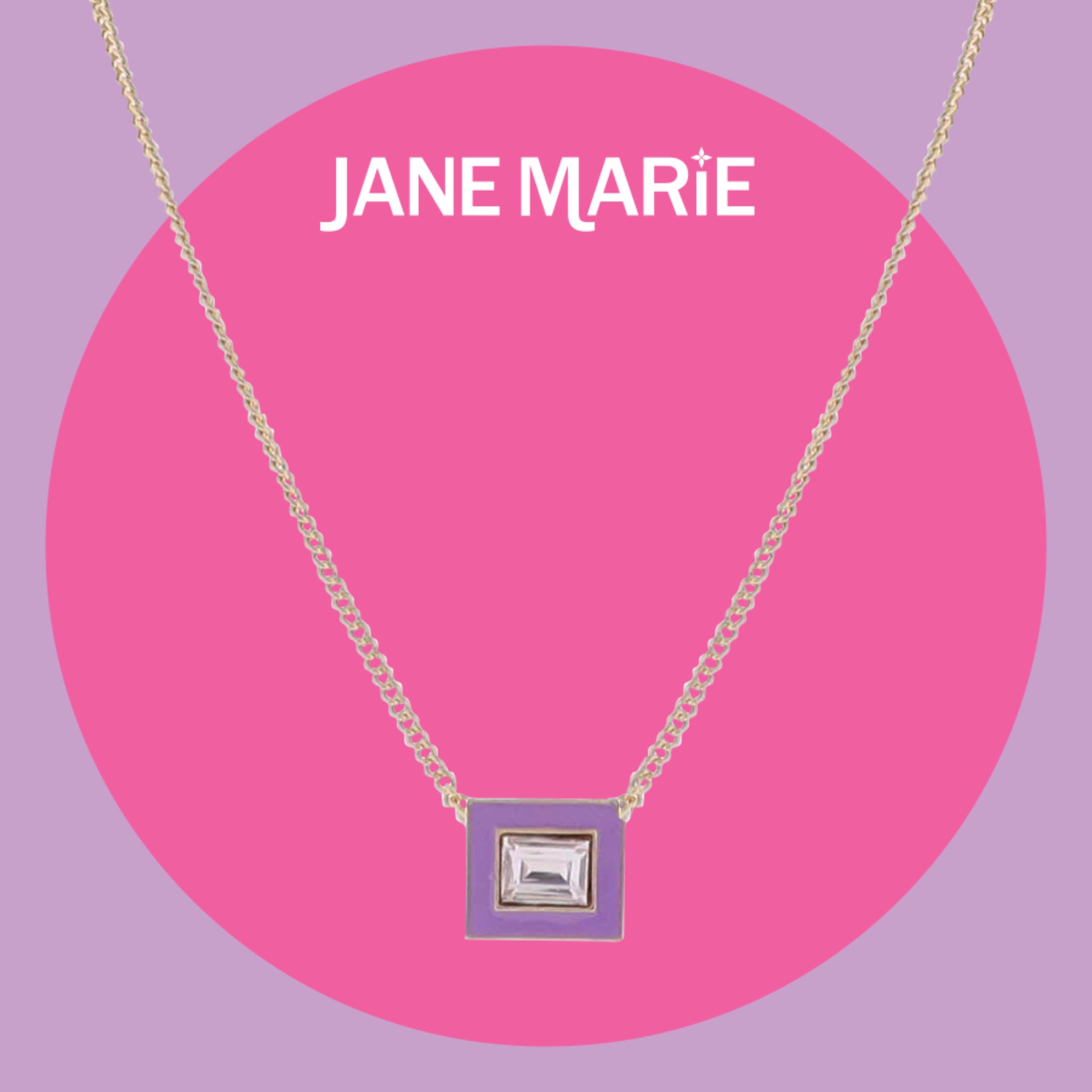 16" Gold Flat Top Chain Necklace with White Enamel Square & Hot Pink Crystal Square Pendant