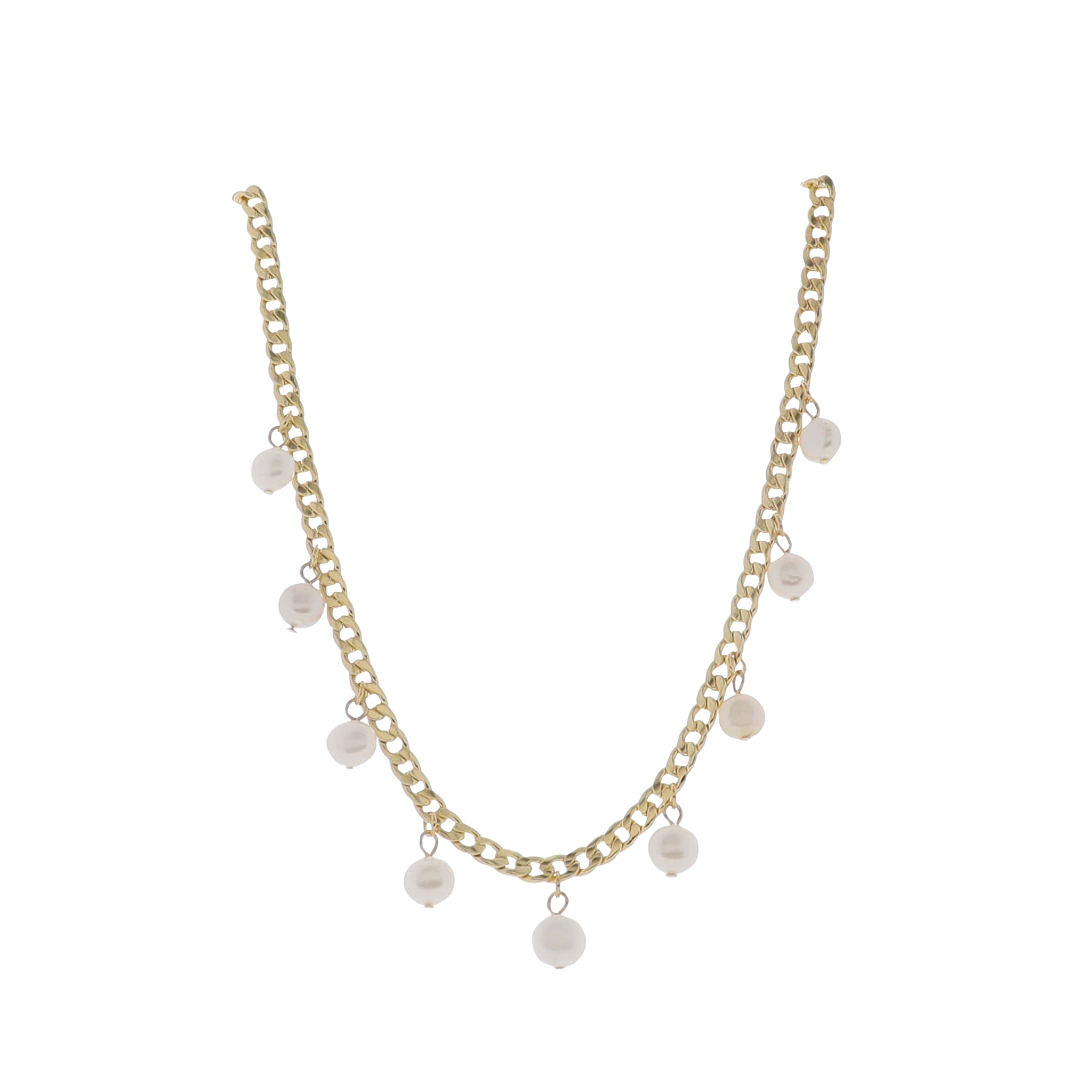 18"-24" Gold Curb Chain Necklace with White Pearls Stations