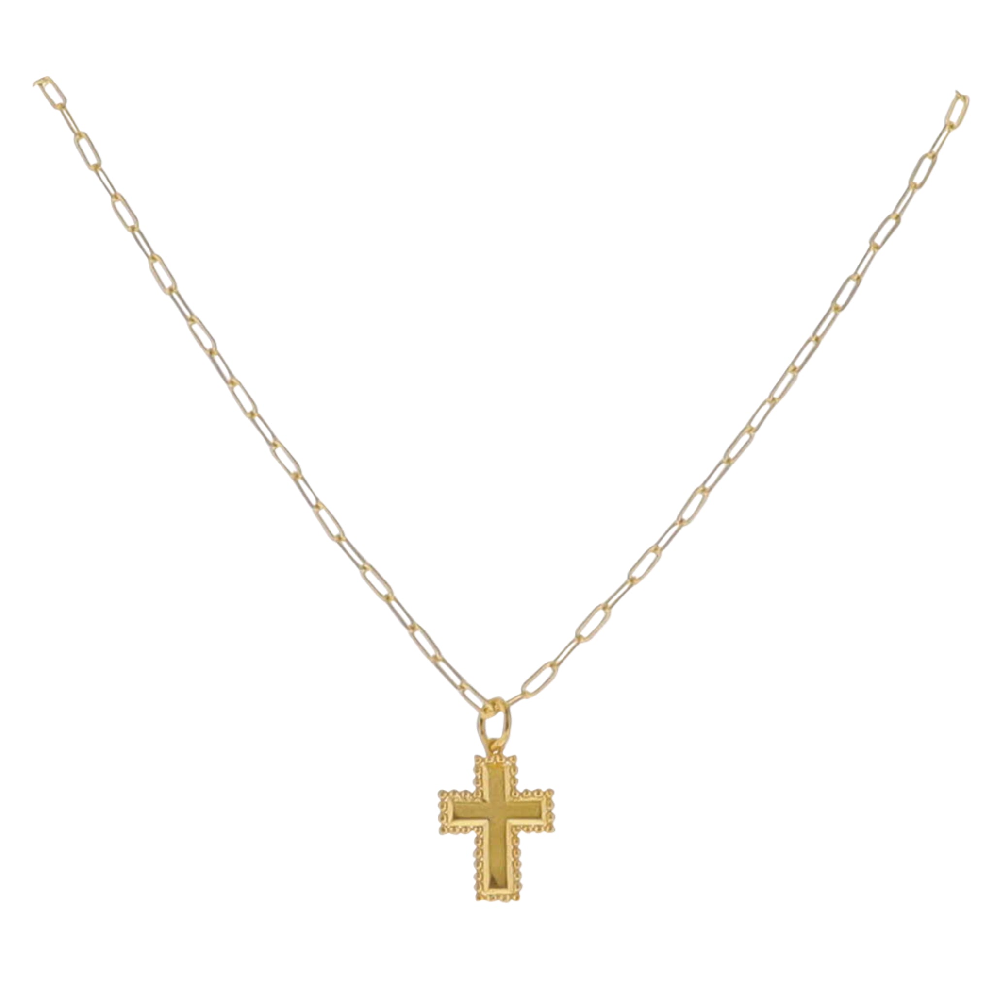 18K Gold Plated Paperclip Chain Necklace with Ball Outlined Cross