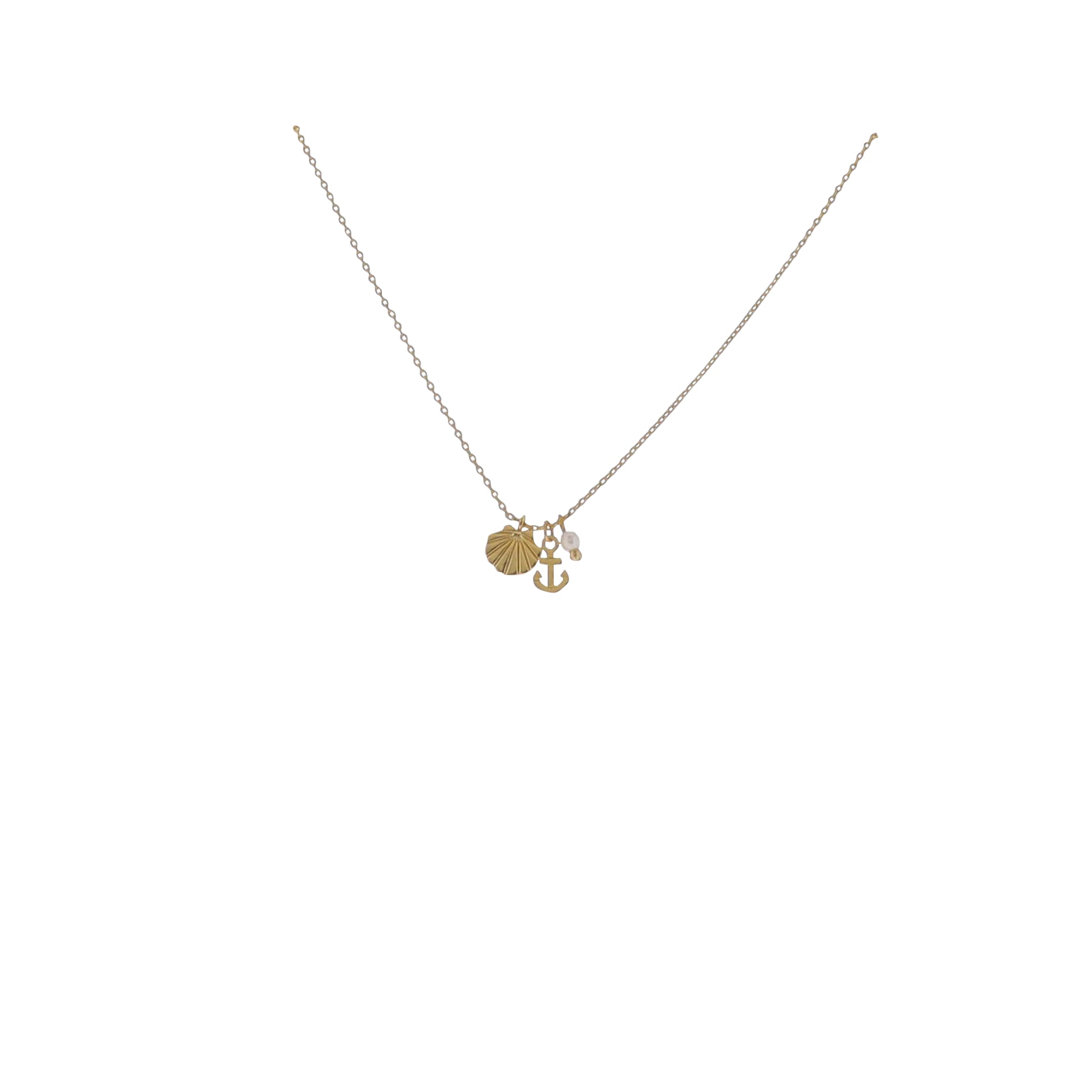 17" 18K Gold Plated Paperclip Chain Necklace with Shell, Anchor, Pearl