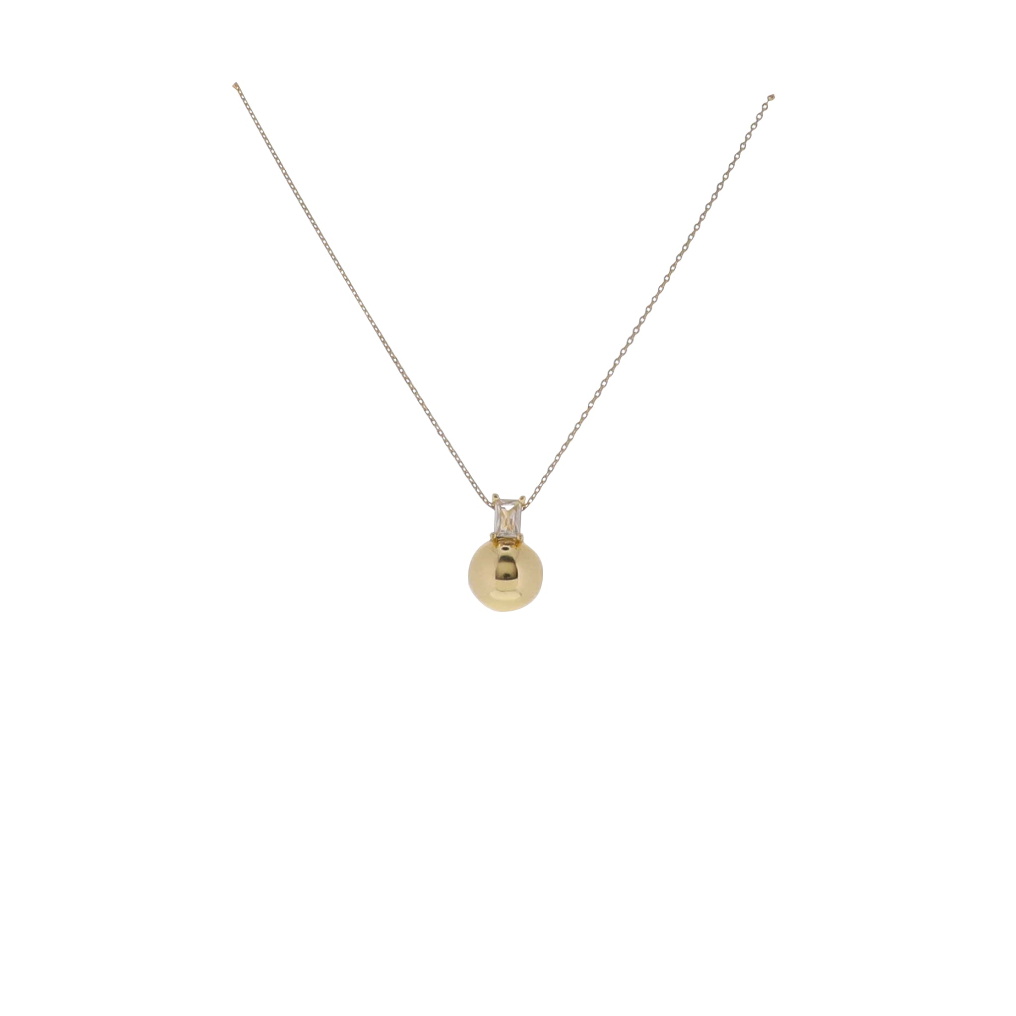 17" 18K Gold Plated Paperclip Chain Necklace with Clear Crystal Rectangle on Hollow Ball Pendant