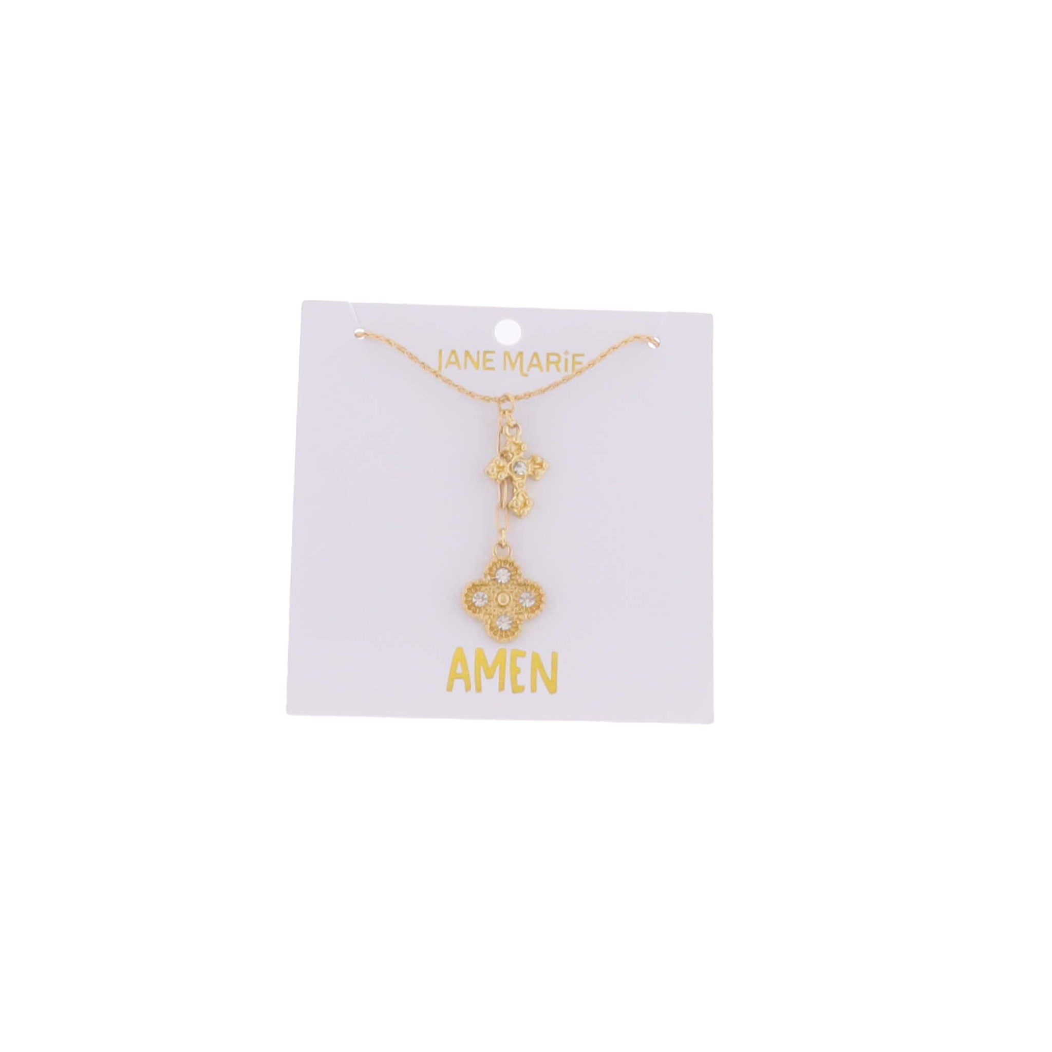 16" Gold Twist Chain Necklace with Clear Crystal Cross & Quatrefoil
