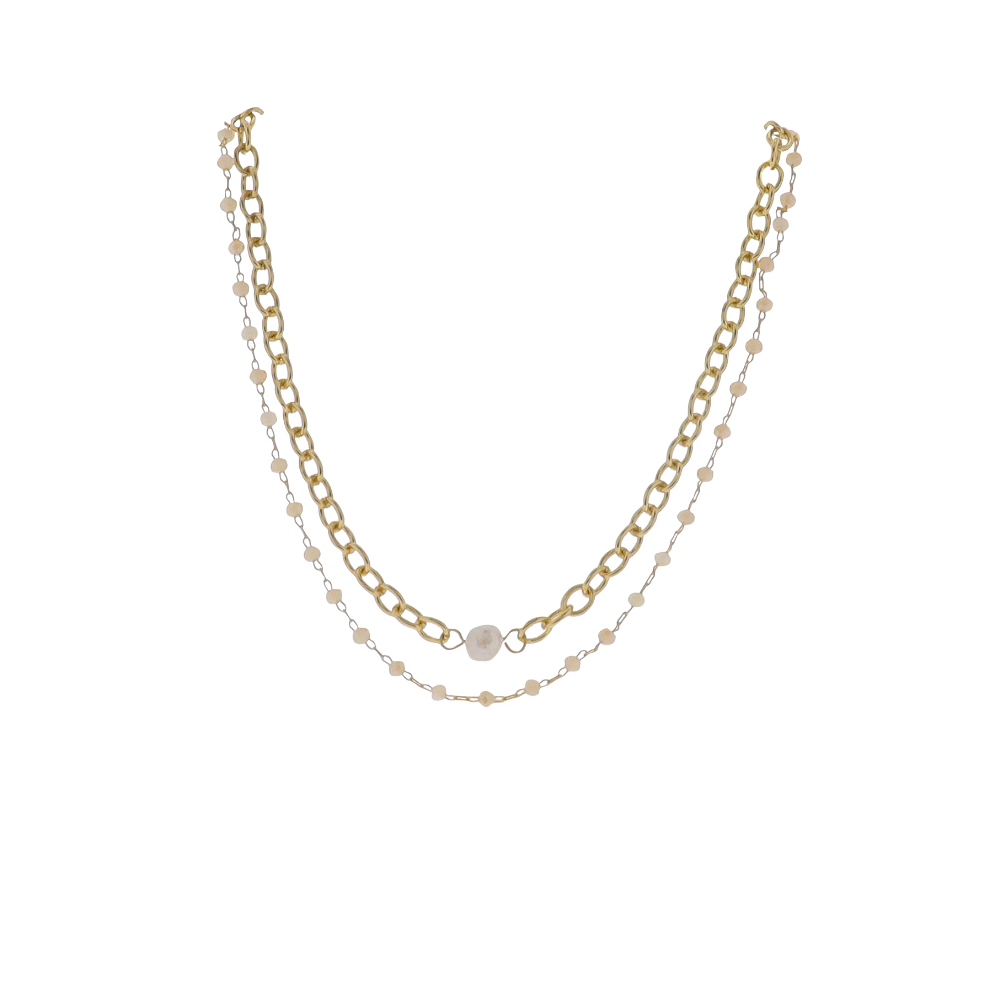 14", 15" 18K Gold Plated Gold & Champagne Oval Beaded & Chain 2 Layer Necklace with Pearl Pendant