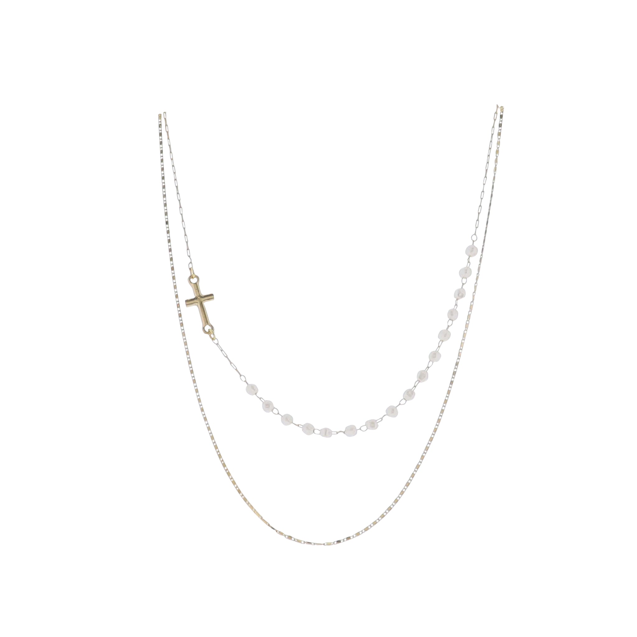 Gold Flat rectangle Chain 2 Layer Necklace with White Pearls & Cross Accent in Chain