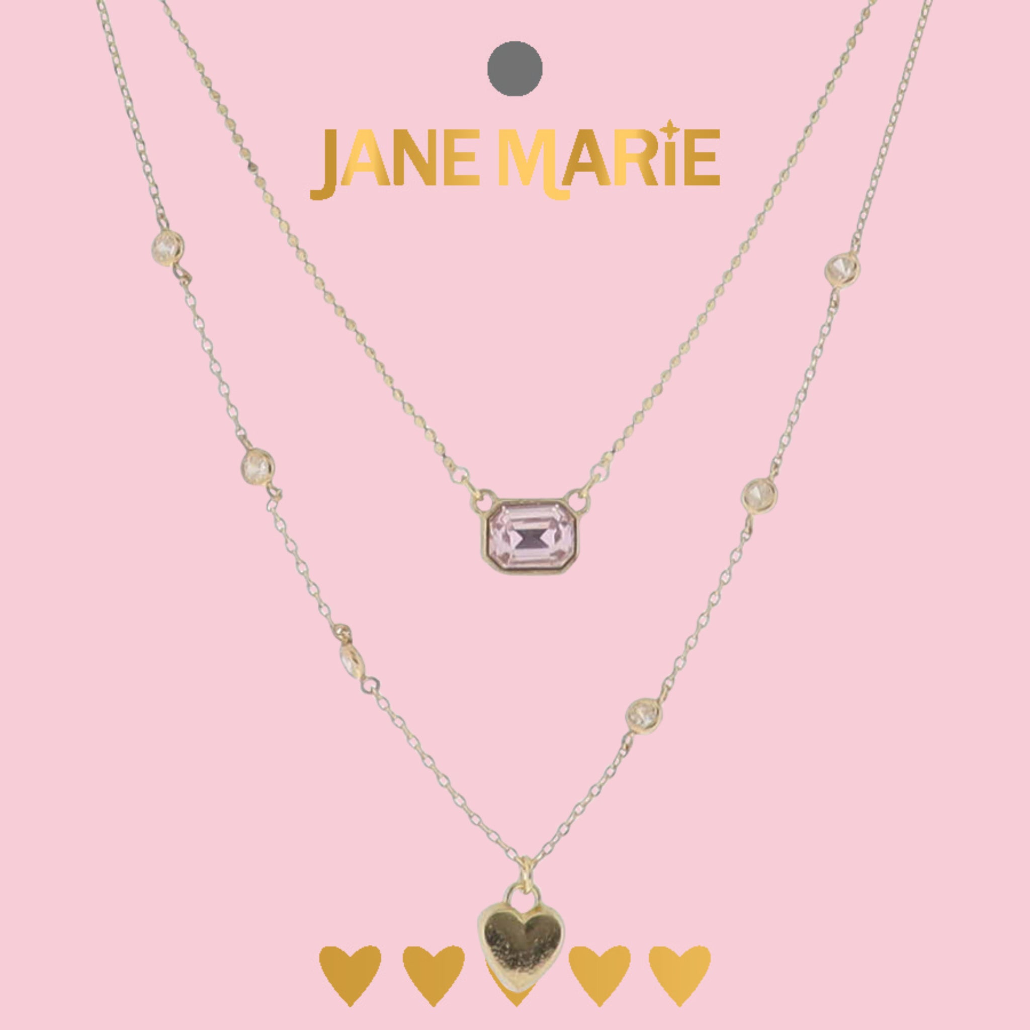 13", 15" Gold Cable, Flat Circle Chain 2 Layer Necklace with Pink Crystal Rectangle & Gold Heart