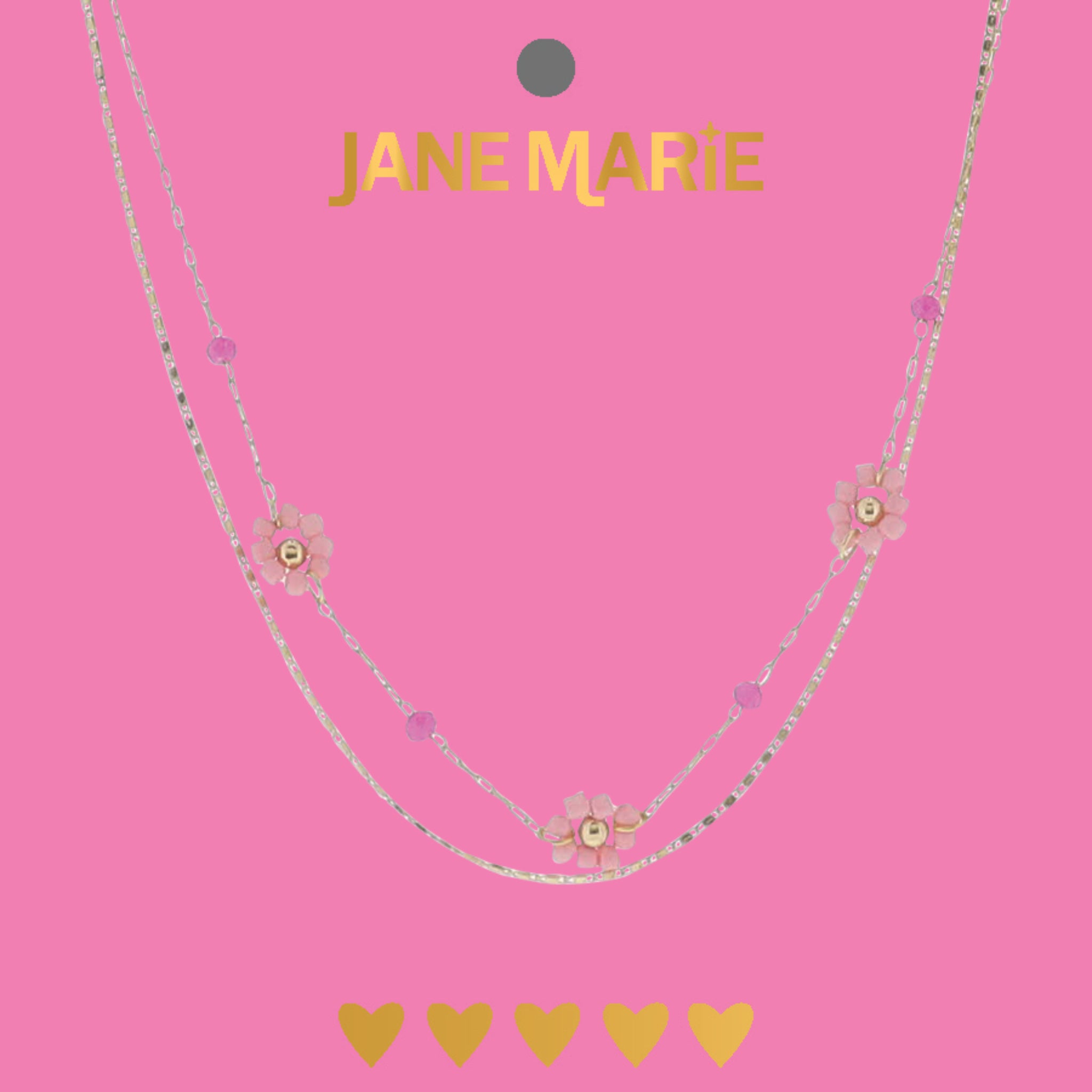 15" Gold Paperclip, Flat rectangle Chain 2 Layer Necklace with Pink Beaded Flowers