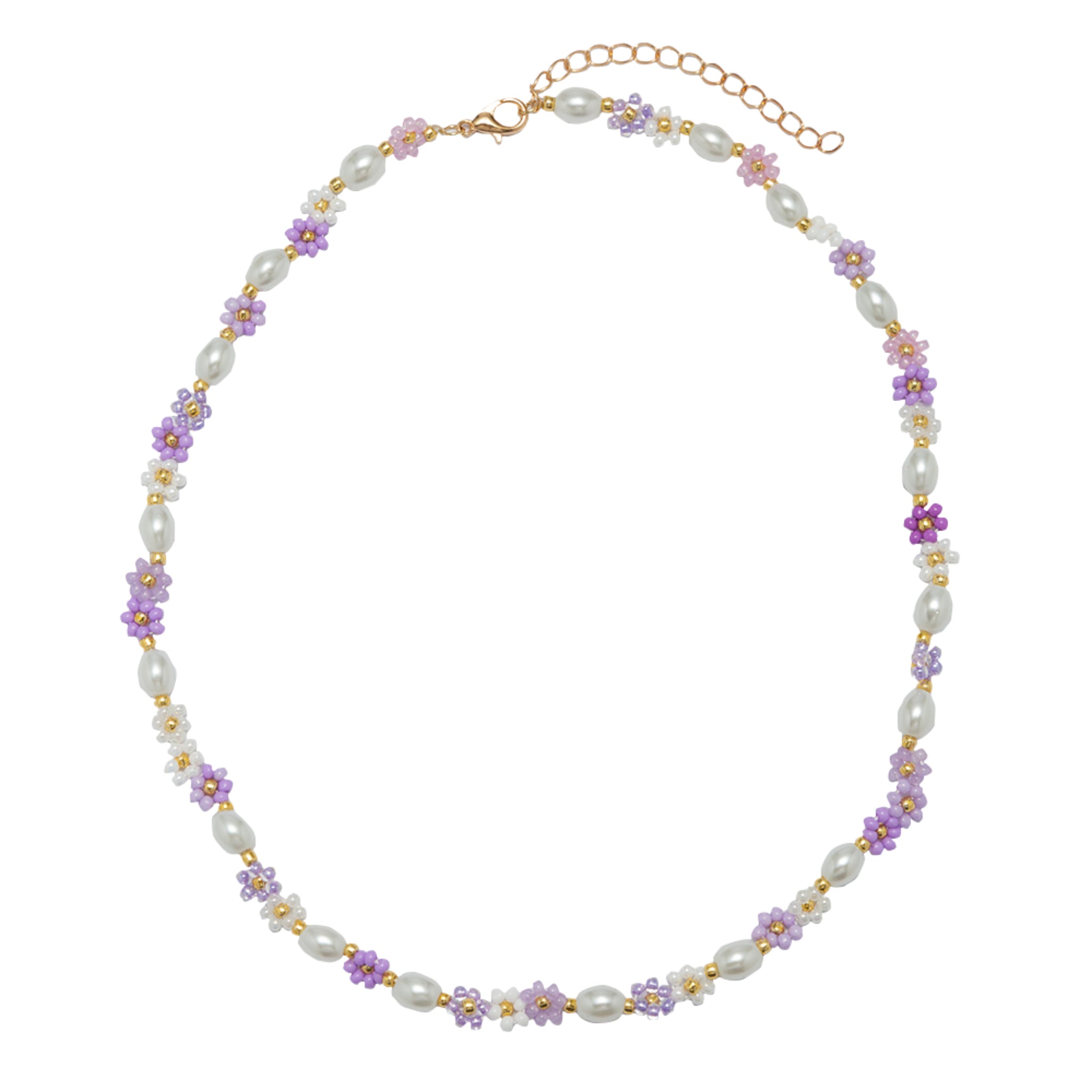 Kids 14" Purple, Lavender Flower & Pearl Beaded Necklace