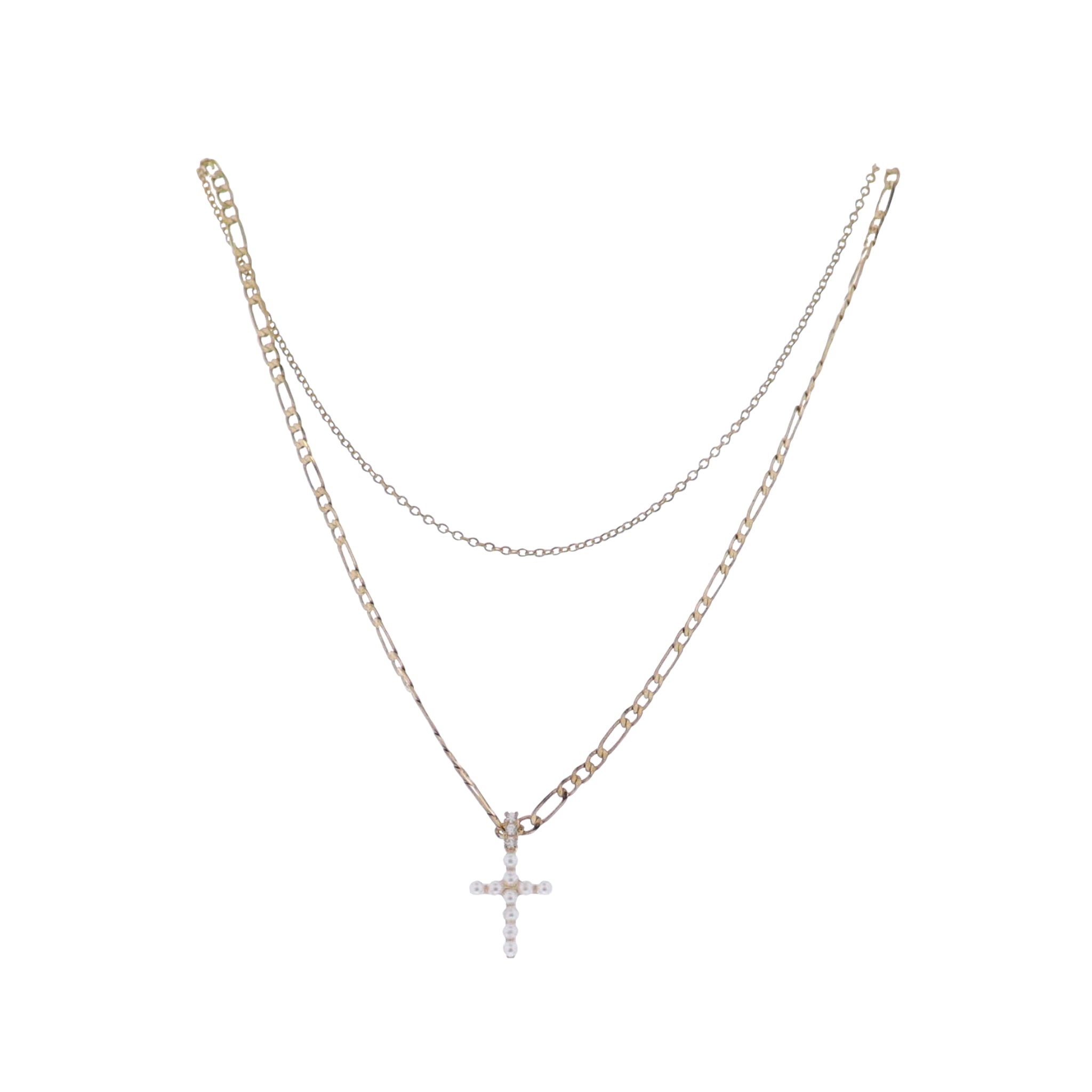 Gold Cable & Figaro Chain Necklace with Pearl Cross