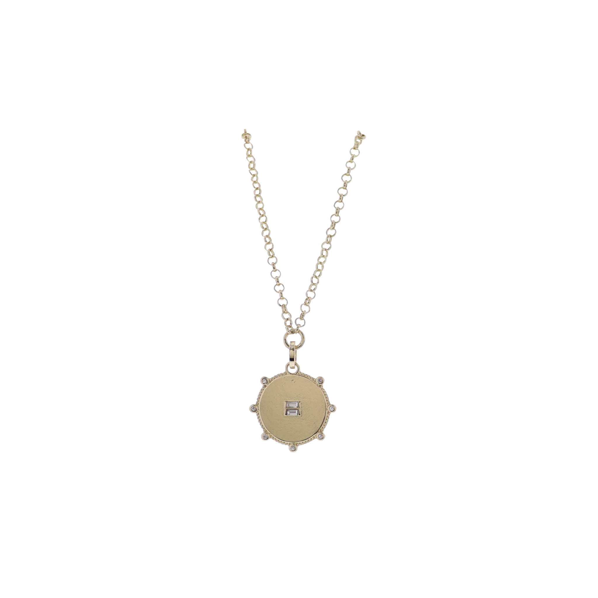Gold Rolo Chain Necklace with Gold Disk with Clear Crystal Studs and Center Crystal