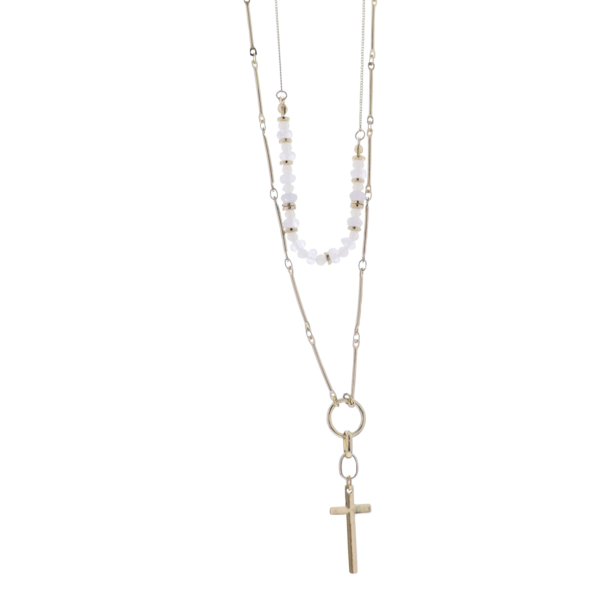 Gold 2 Layer Cable & Bar Chain Necklace with Gold Cross & Opaque Beads