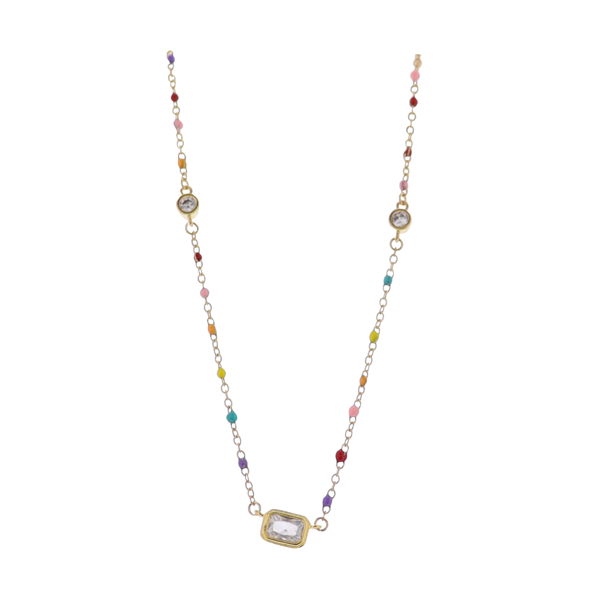 18K Gold Plated Multi, Gold Enamel Chain Necklace with Circle Crystal Stations & Rectangle Crystal