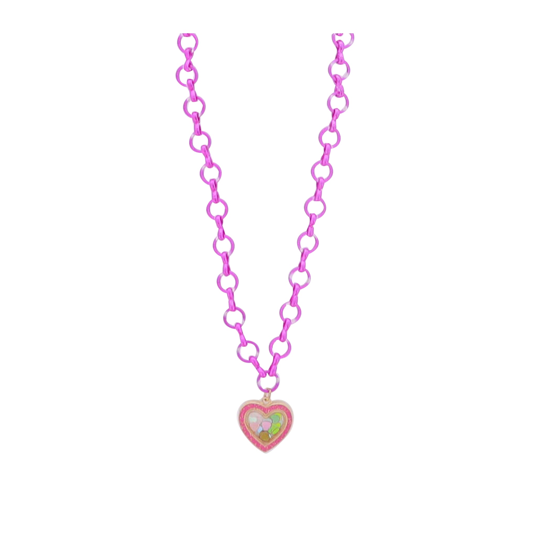Kids Hot Pink Chain Necklace with Pink Encased Heart with Heart Confetti Inside