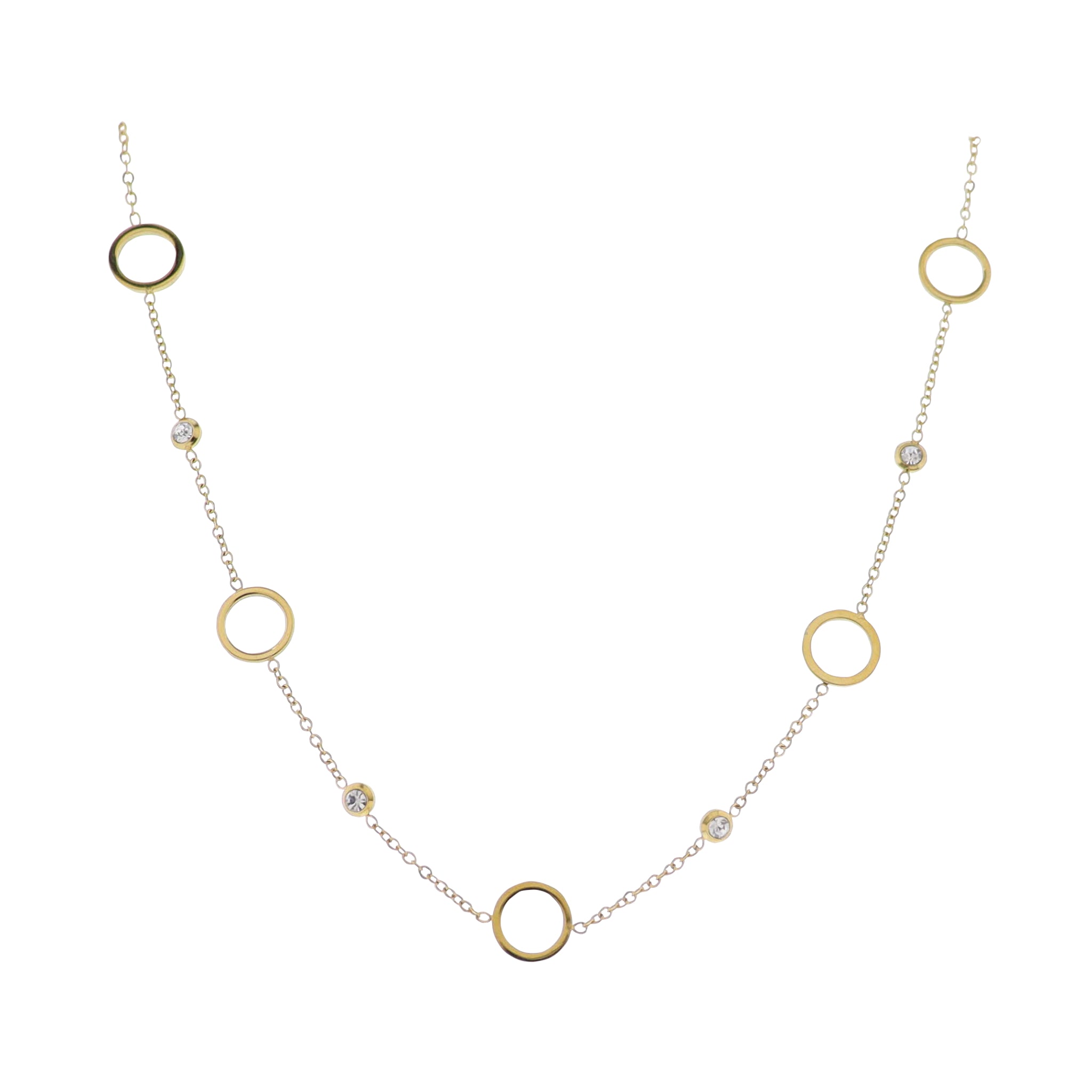 18K Gold Plated O-Shaped Chain Necklace with Clear Crystals & Gold Circles