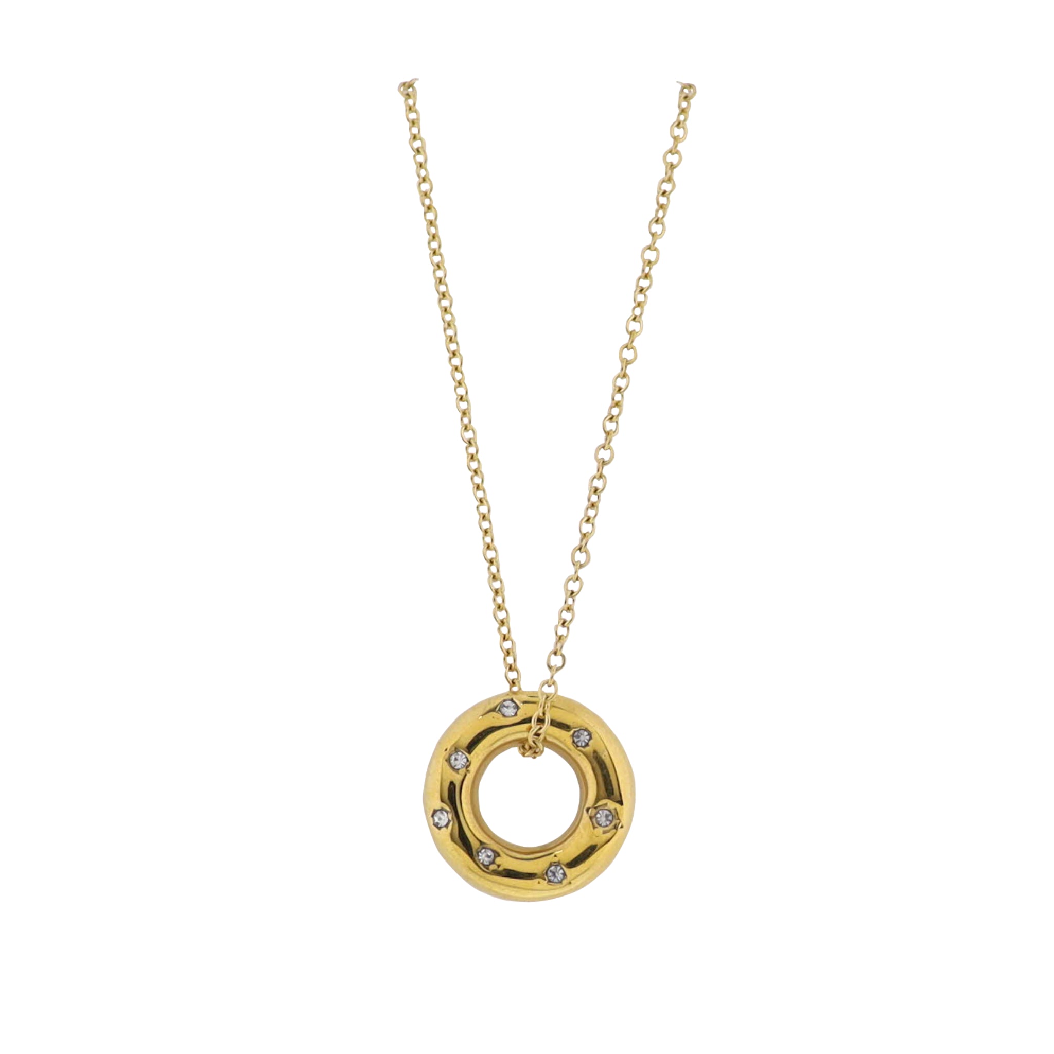 18K Gold Plated O-Shaped Chain Necklace with Clear Crystals in Open Circle