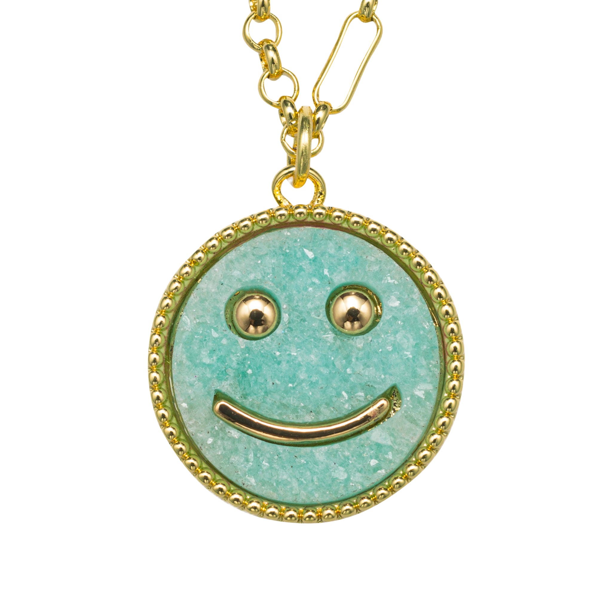 Kids 18K Gold Plated Necklace with Teal Happy Face Druzy
