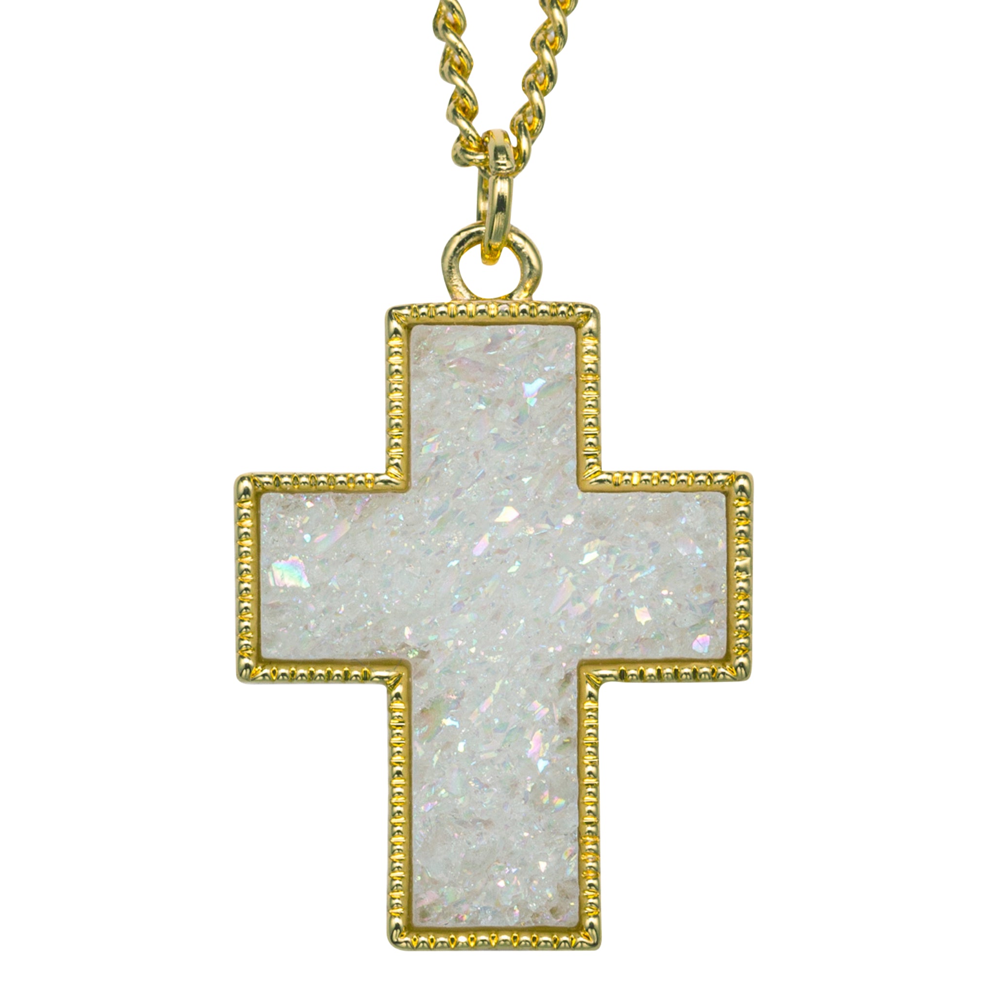 Kids 18K Gold Plated Necklace with AB White Cross Druzy
