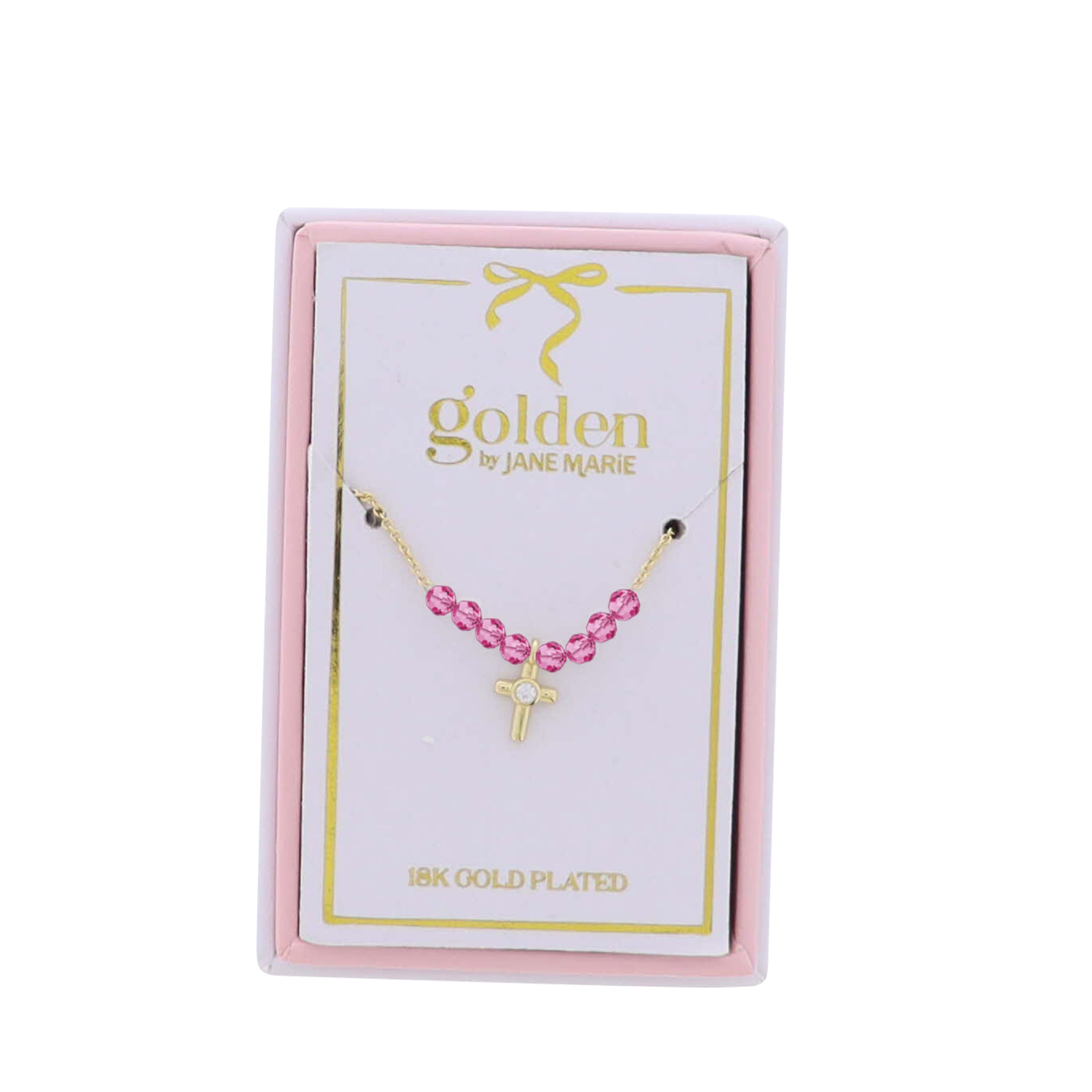 Kids 18K Gold Plated Necklace with Gold, Clear Center Crystal Cross & Pink Beads