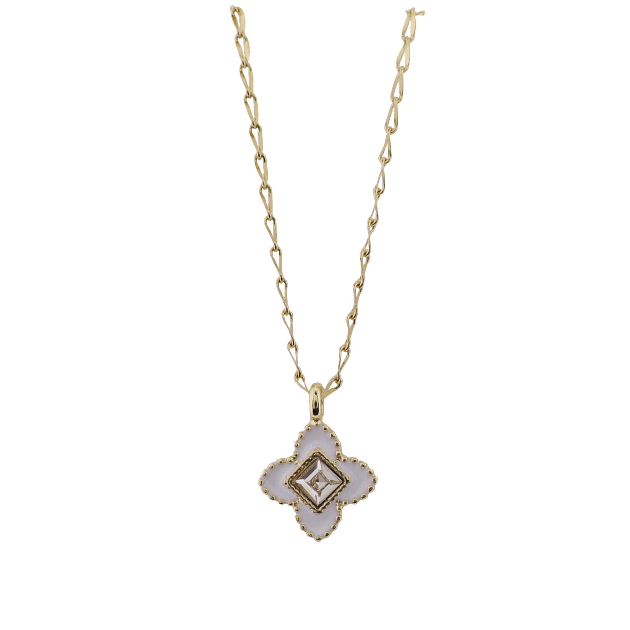 18K Gold Plated Chain Necklace with White Enamel Quatrefoil with Crystal