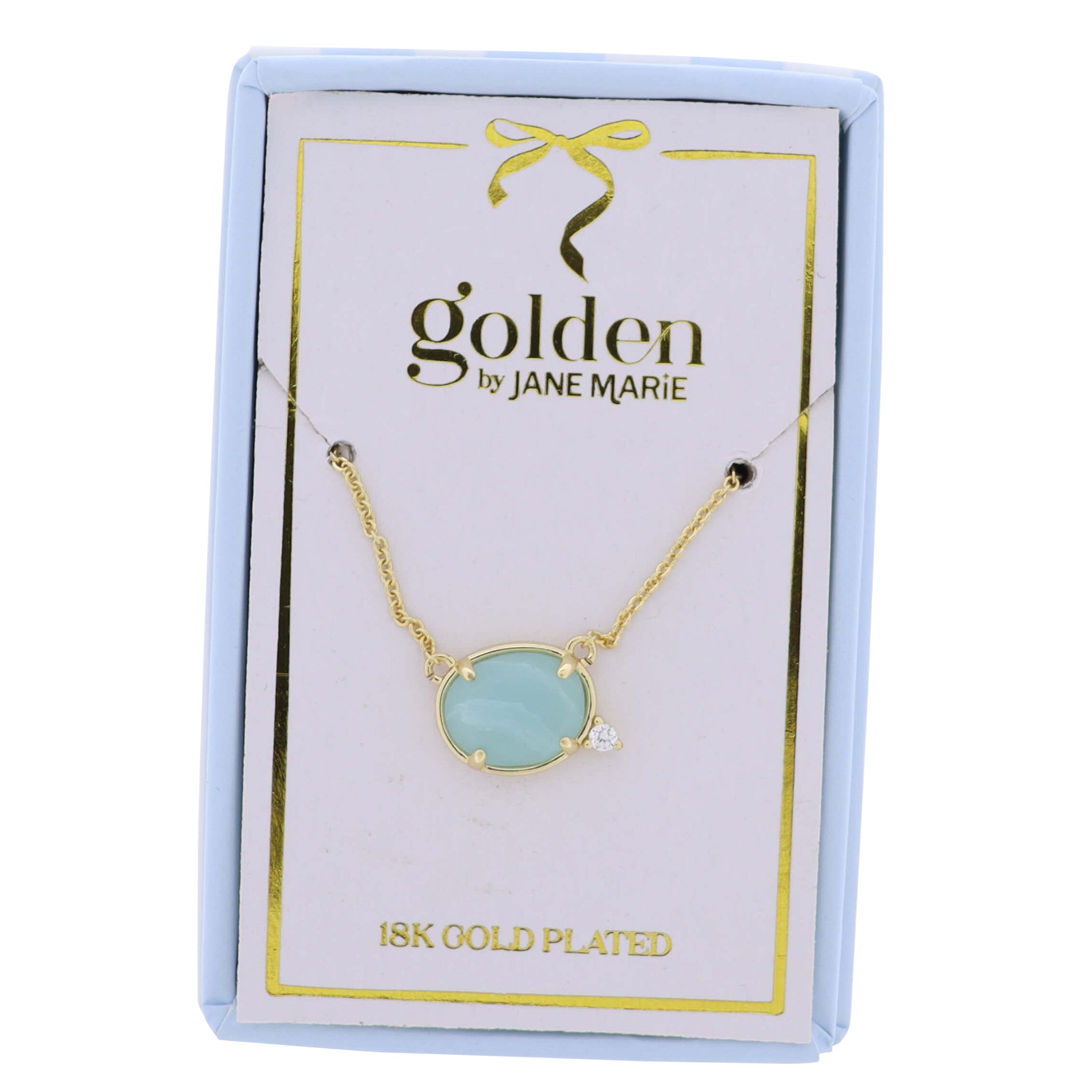 18K Gold Plated Chain Necklace with Mint Stone Oval with Crystal Accent