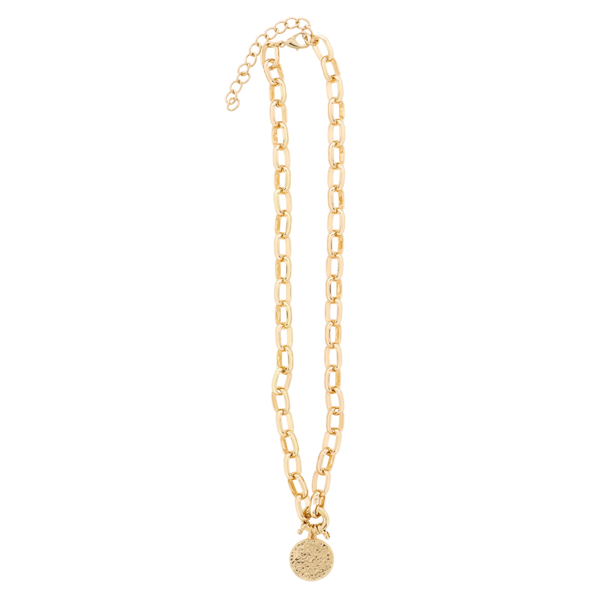 18K Gold Plated Gold Oval Link Chain Necklace with Gold Hammered Disk