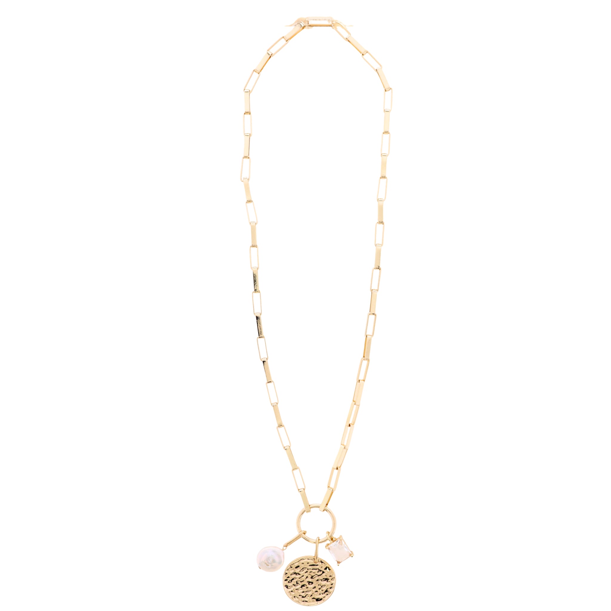 18K Gold Plated Gold Large Box Chain Necklace with Gold Hammered Disk, Clear Crystal, Pearl
