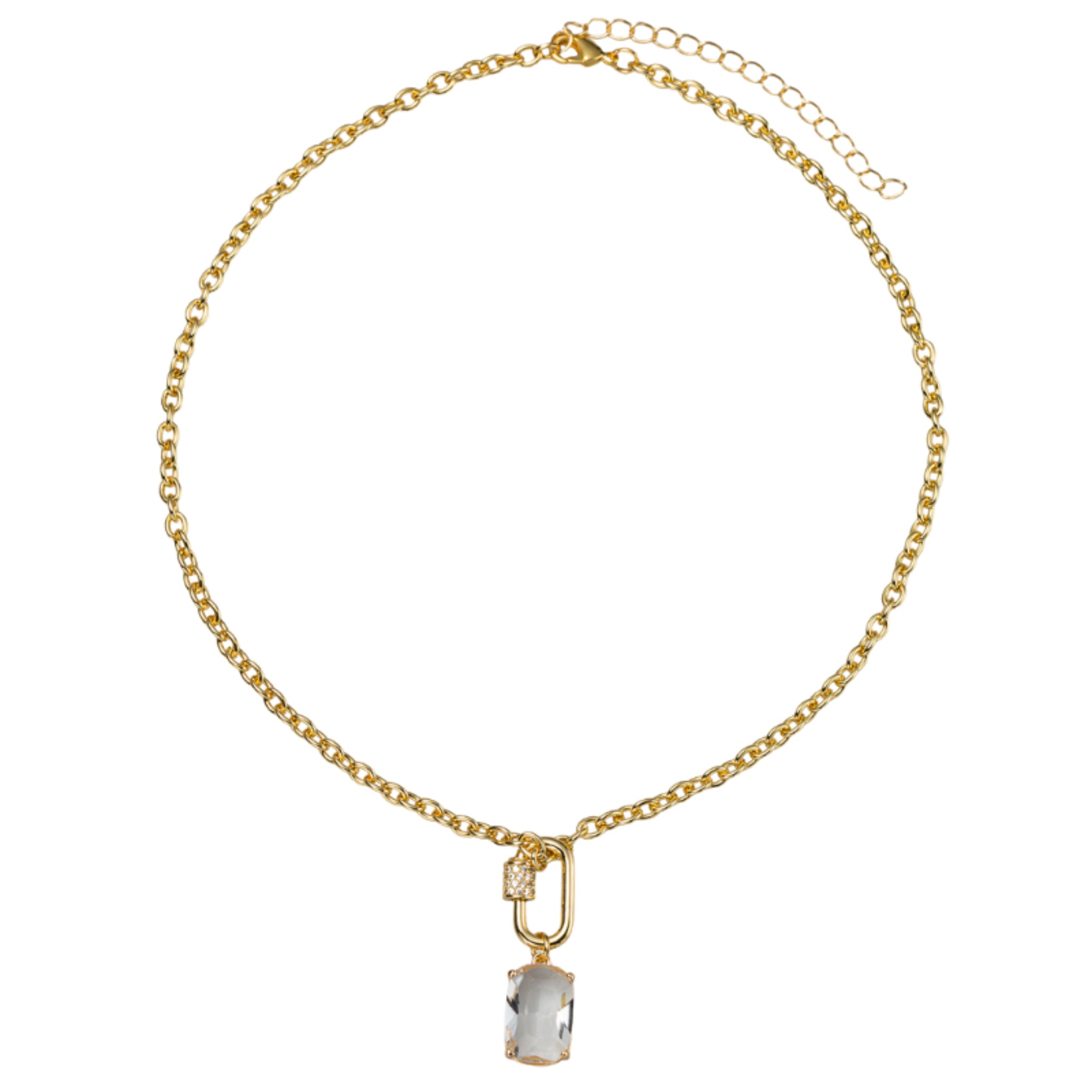 18K Gold Plated Gold Gauge Chain Necklace with Gold Carabiner with Clear Crystal