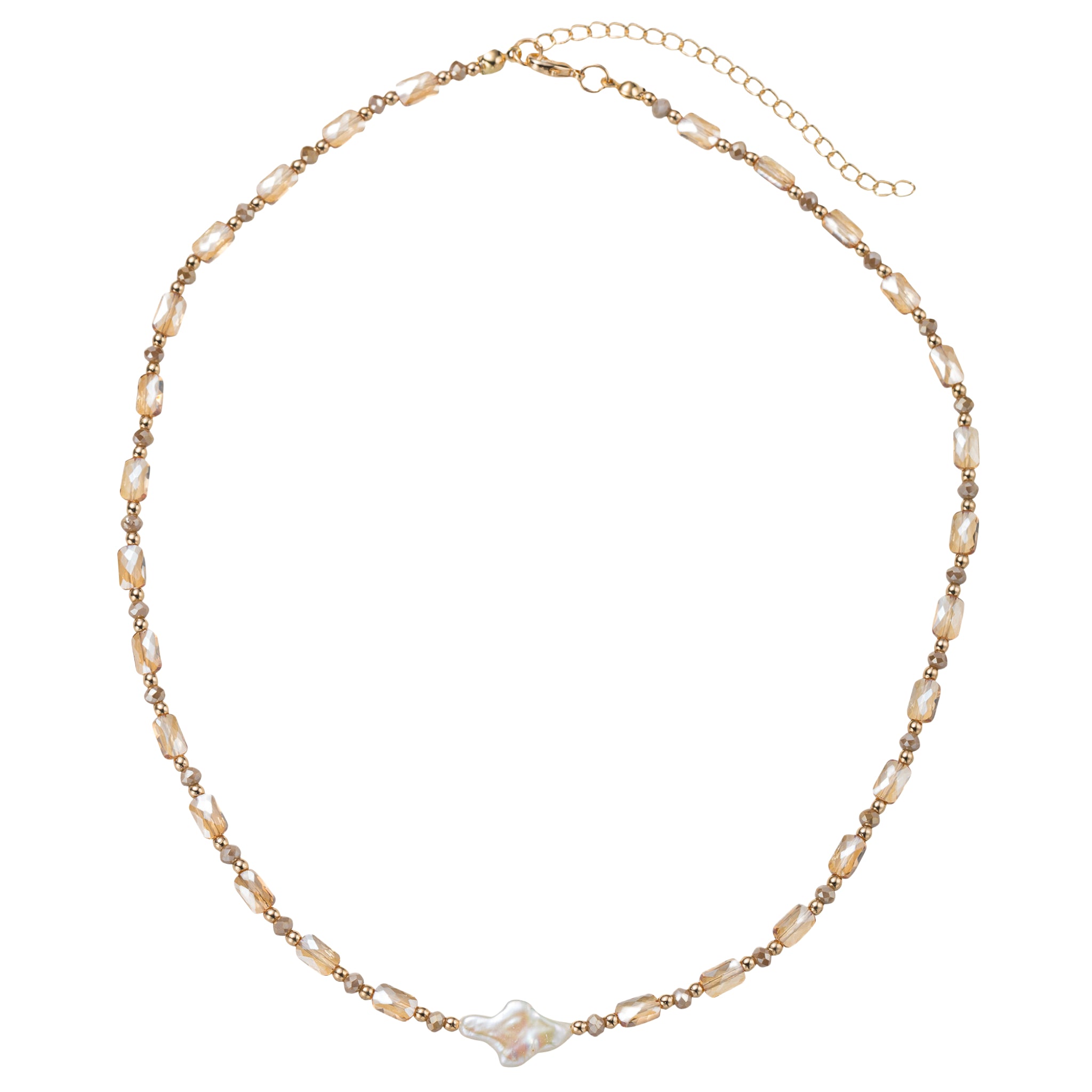 Champagne, Greige, Gold Beaded Necklace with Pearl Cross